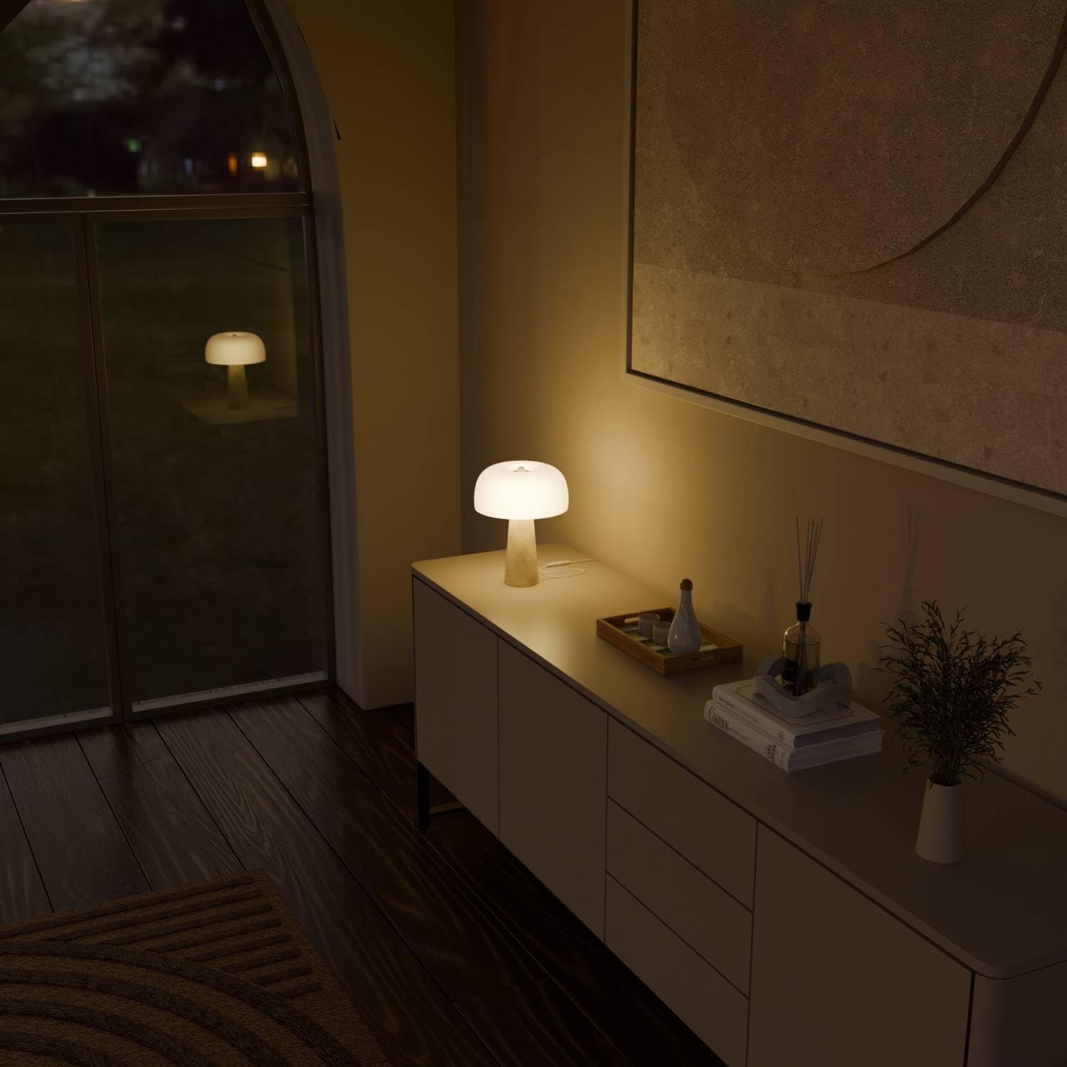 Lyra Design Tischleuchte mit Travertinfuß, LED Tischlampe aus Glas dimmbar 2200 K warmweiß