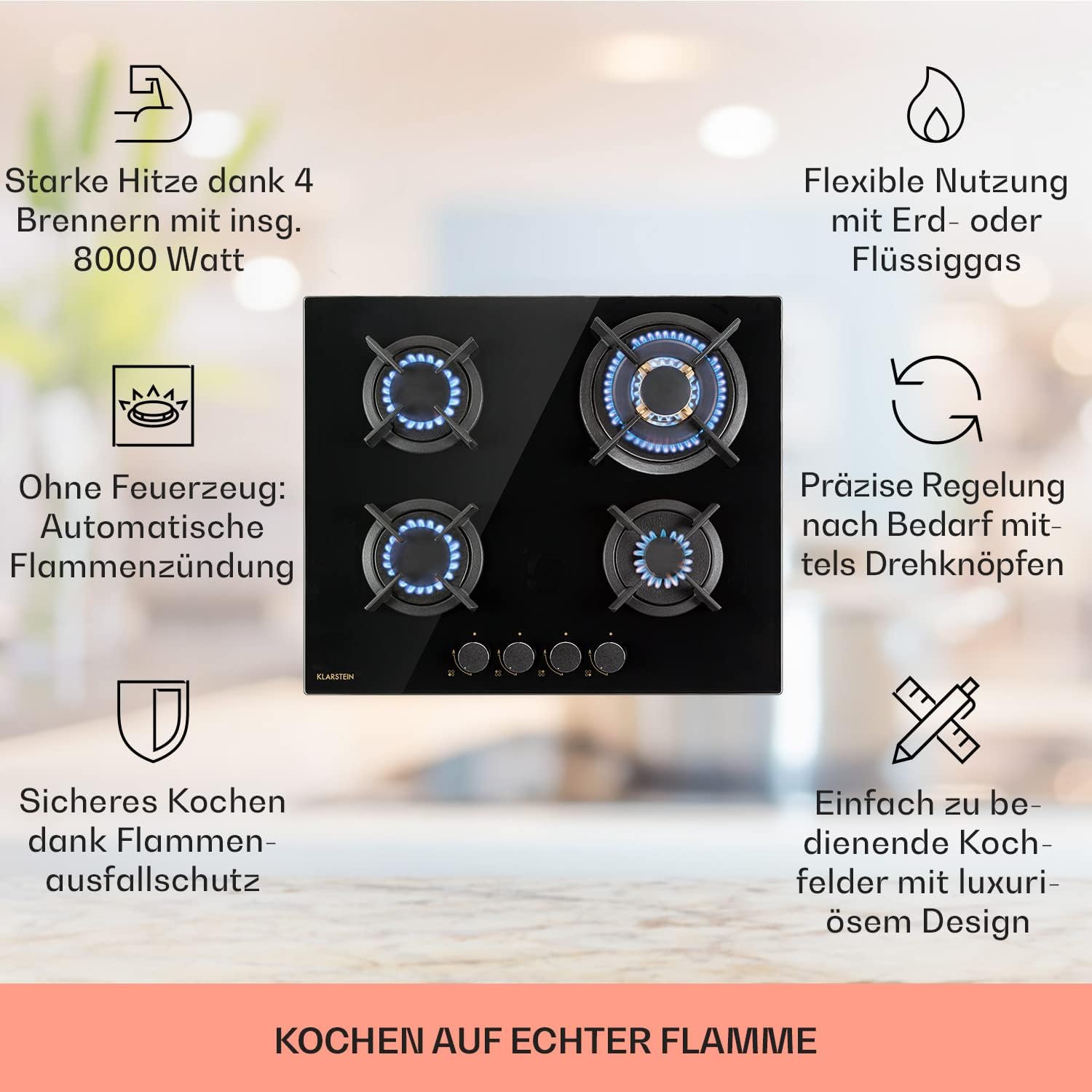 Klarstein Gasherd, Gaskochfeld 4 Flammig, Einbau-Gaskocher für Zuhause & Wohnmobil, Campingkocher mit Glasplatte, Gasherd für Propan- und Erdgas, Edelstahl Gas-Herdplatte Wok Brenner 8000 Watt