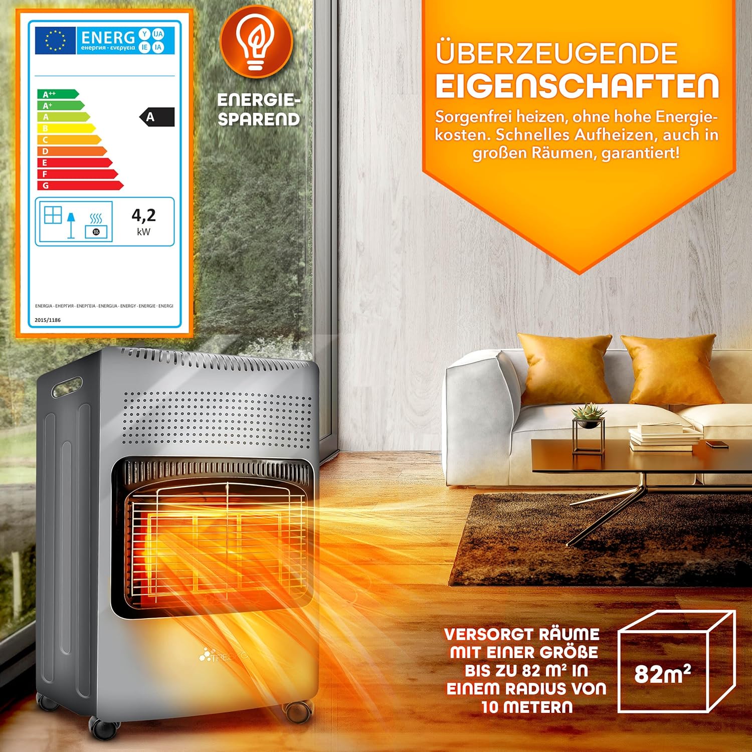 TRESKO 4200 Watt Gasheizung inkl. Gasdruckregler Gasschlauch + Abdeckung | Gasheizer Gasofen Gasheizofen mit 3 Stufen | Infrarot Gasheizgerät (Grau)