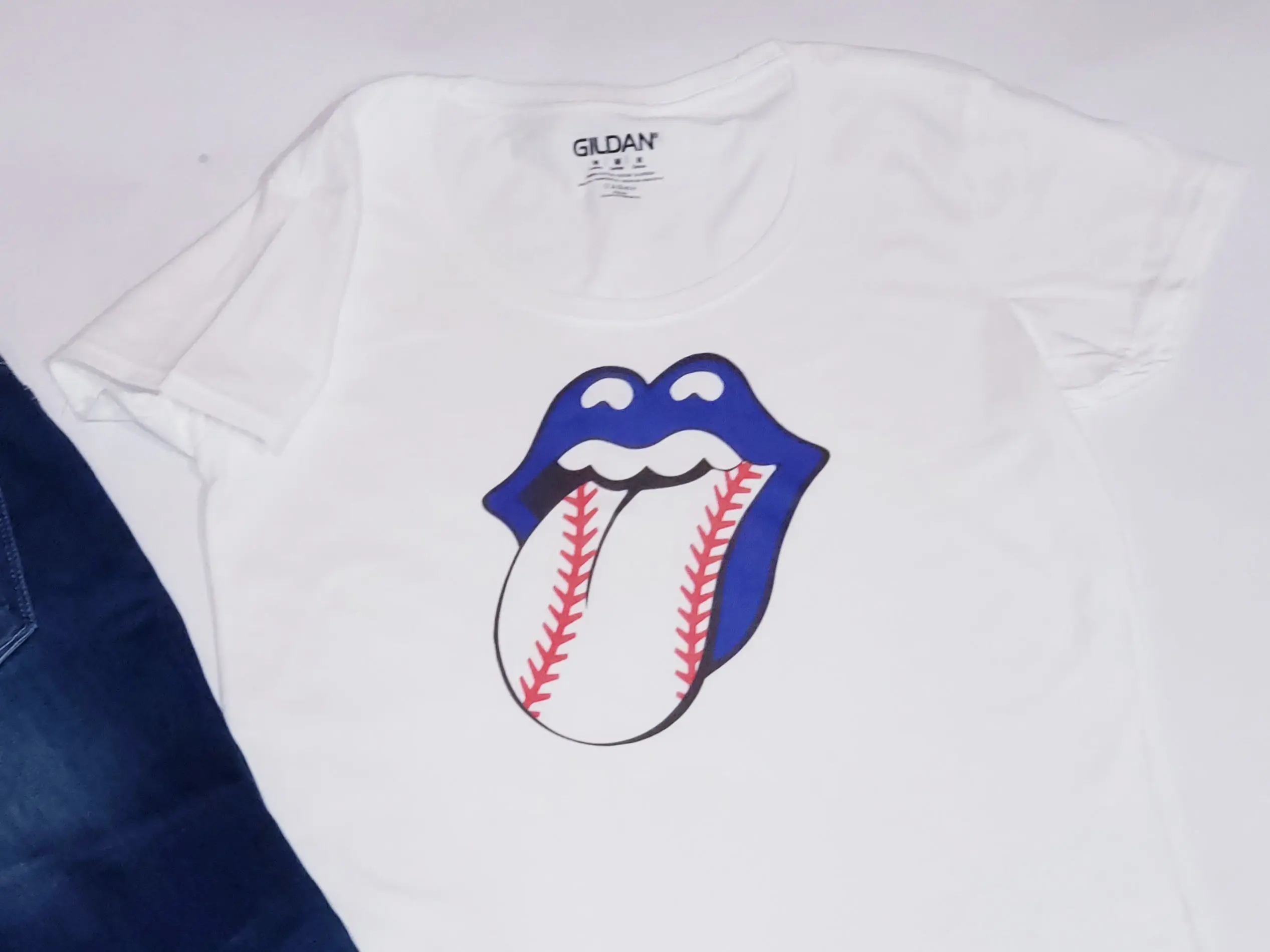 Baseball Tee. Baseball Tongue. Red White and Blue. Unisex Cotton Crew Neck Tee