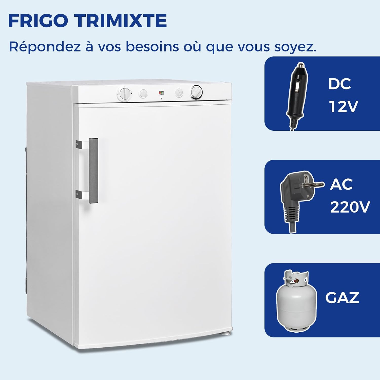 Smad Frigo Trimixte 12V 220V Gaz, 100L, Frigo Gaz Camping Car, Réfrigérateur Gaz avec Congélateur, pour Camping Car, Caravane, Cabanon, Chalet, Blanc