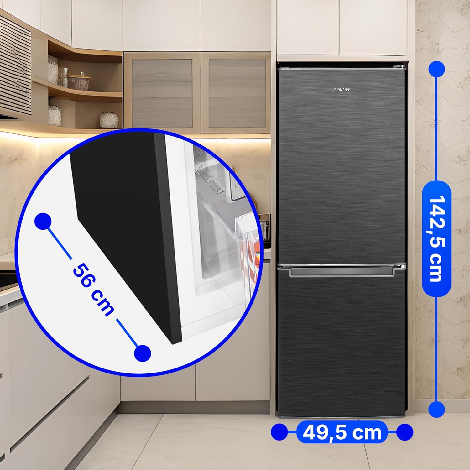 Bomann® Kühlschrank mit Gefrierfach | Energieklasse C | 143cm | Kühl Gefrierkombination leise 40 dB | 3 Ablagen & 2 Schubladen | Türanschlag wechselbar | 173L Kühlgefrierkombi | KG 7359 schwarz-inox