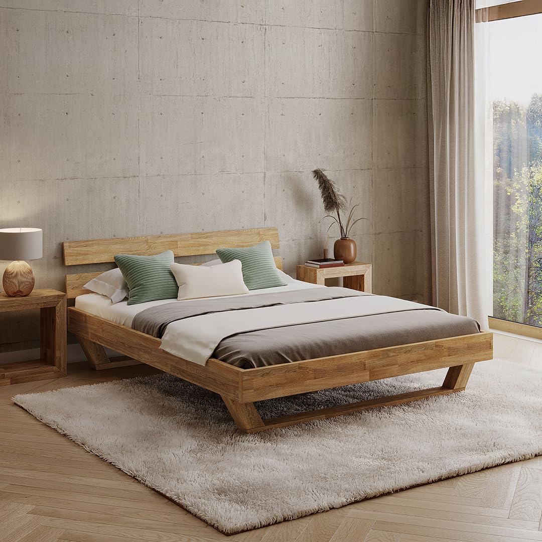 skølm Nornir Massivholzbett 160x200 cm – Bettrahmen aus Massivholz Eiche geölt – hochwertiges Holzbett mit Kufen Bettbeinen – Bettgestell mit 2 Streben als Bettkopf – geeignet als Doppelbett