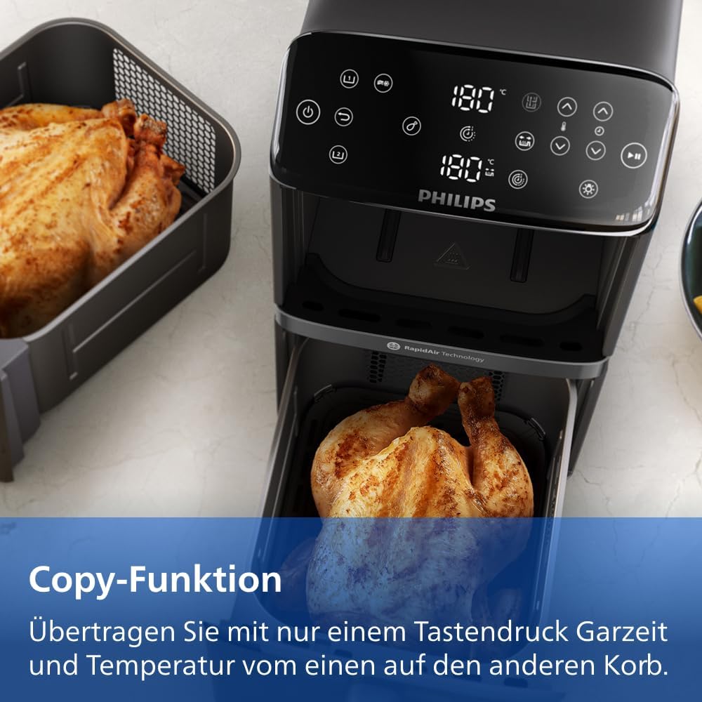 Airfryer 4000 Series Stacked Dual Basket, Gestapelte Heißluftfritteuse mit 2 Körben, 10L, RapidAir Technologie, 45% weniger Platzbedarf, PFAS-freie Keramikbeschichtung, Sichtfenster (NA460/00)
