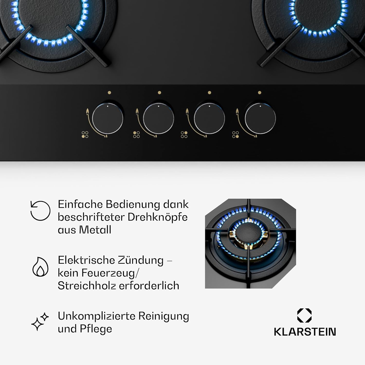 Klarstein Gasherd, Gaskochfeld 5 Flammen, Einbau-Gaskocher für Zuhause & Wohnmobil, Campingkocher mit Glasplatte, Gasherd für Propan- und Erdgas, Edelstahl Gas-Herdplatte Wok Brenner 10400 Watt
