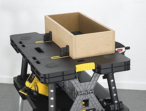 2024 Keter �C 197283 Folding Table Work Bench for Miter Saw Stand, Woodworking Tools and Accessories with Included 12 Inch Wood Clamps �C Easy Garage Storage Black/Yellow