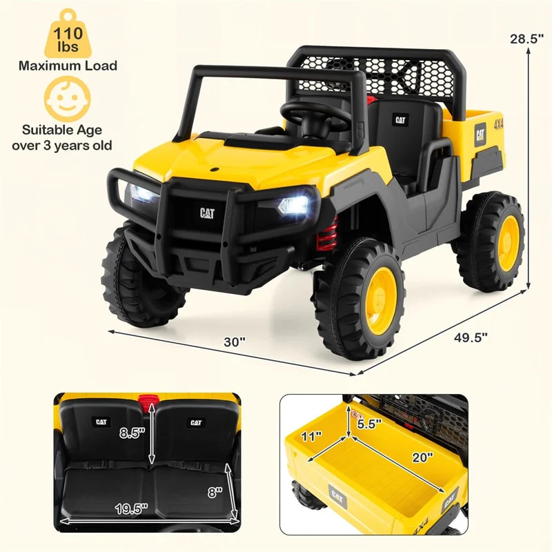24V 4WD 2-Seater Ride on Dump Truck Licensed Caterpillar Electric Vehicle with Remote Control & Soft Start, Kids Ride On UTV Car with Dump Bed
