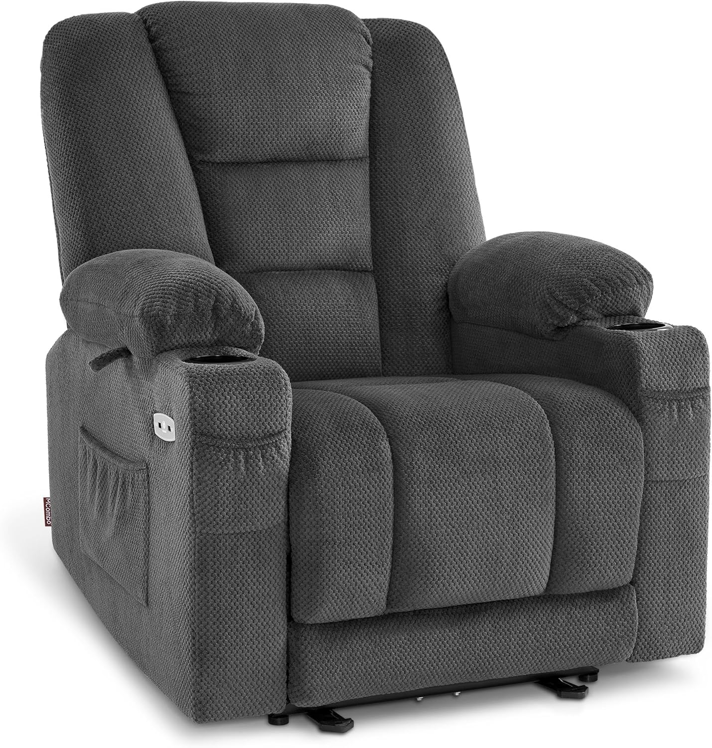 M MCombo Fernsehsessel elektrisch verstellbar, Relaxsessel mit Liegefunktion, TV Sessel mit Massage & Wärmefunktion, USB & Getränkehalter, 35D Vollschaum-Sitzkissen 7008 (Stoff, Dunkelgrau)