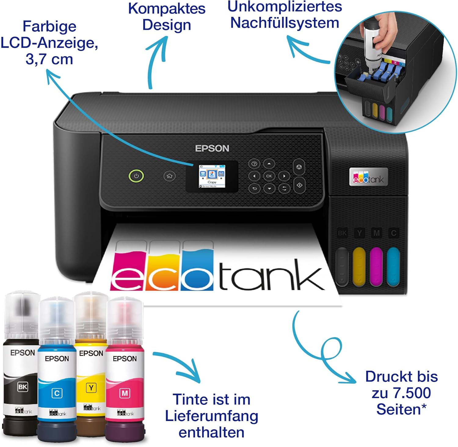 Epson EcoTank ET-2870 A4-Multifunktions-Wi-Fi-Tintentankdrucker, mit einem im Lieferumfang enthaltenen Vorrat an Tinten bis zu 3 Jahren