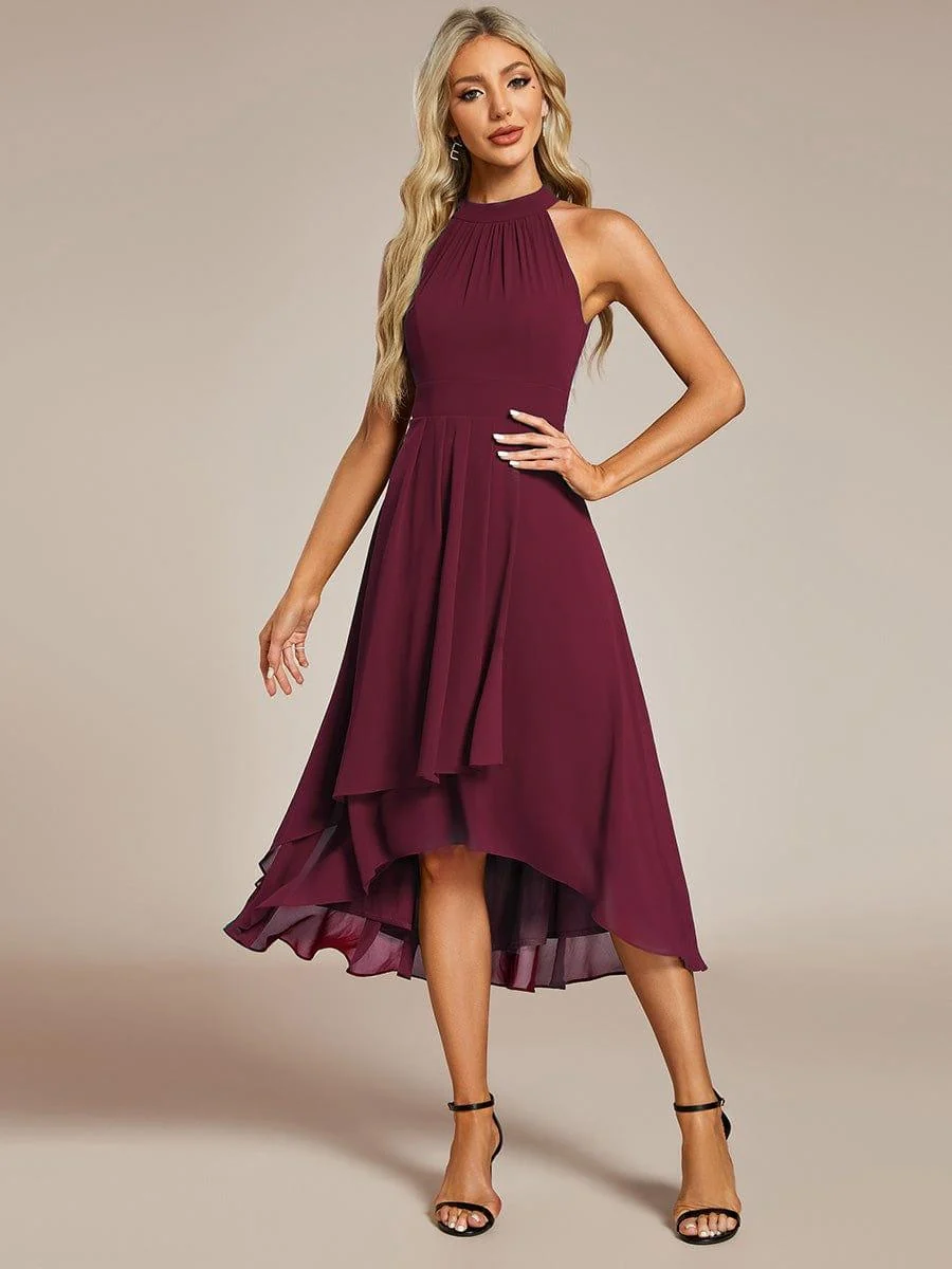 Damen Chiffon Midi-Kleid in A-Linie | Festliches Halterneck Kleid mit Plissee-Details | Sommerliches Kleid f��r Hochzeitsg?ste