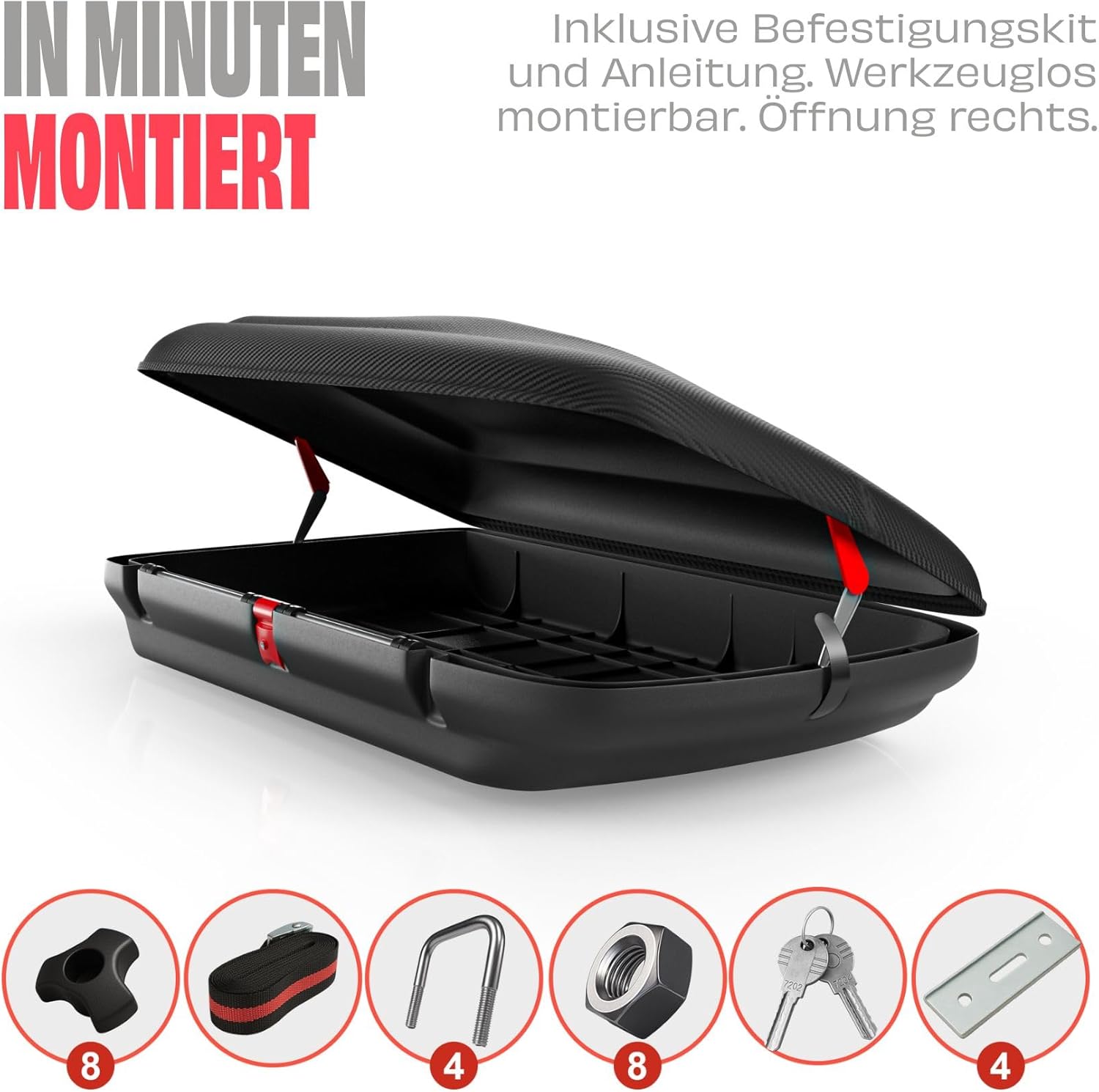 Dachbox VDP-BA480 - Dachkoffer mit 480 Liter Volumen - universal Autokoffer im Carbonlook - abschließbar Dank Zentralverriegelung - Dachkoffer für Dachgepäckträger