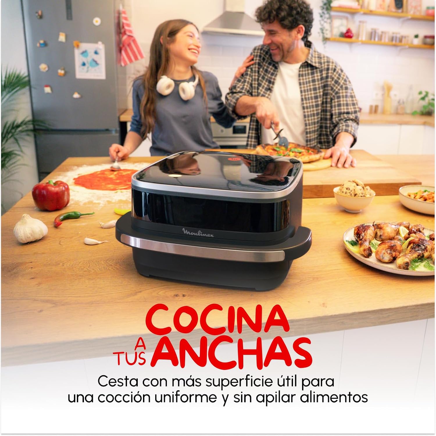 Moulinex Freidora de Aire Easy Fry XL Surface, 2200 W, Doble Resistencia, Cocción Uniforme, Cesta Ancha, 10 Programas Automáticos, Horno para Pizzas, Diseño Compacto, Ventana de Visualización, AL4018