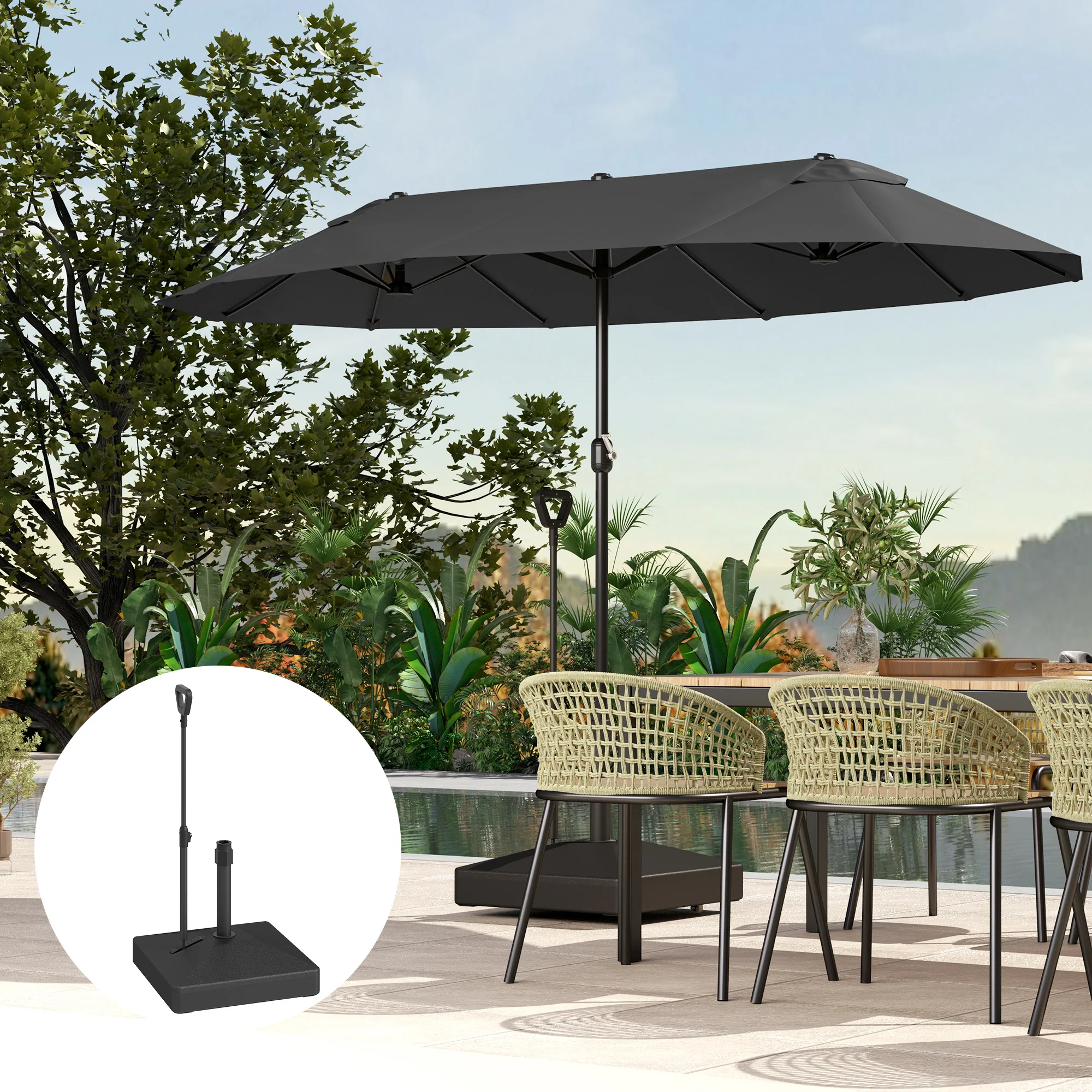 Outsunny Tuinparasolvoet met verstelbare wielen, vulbaar met water en zand, Kunststof, Zwart