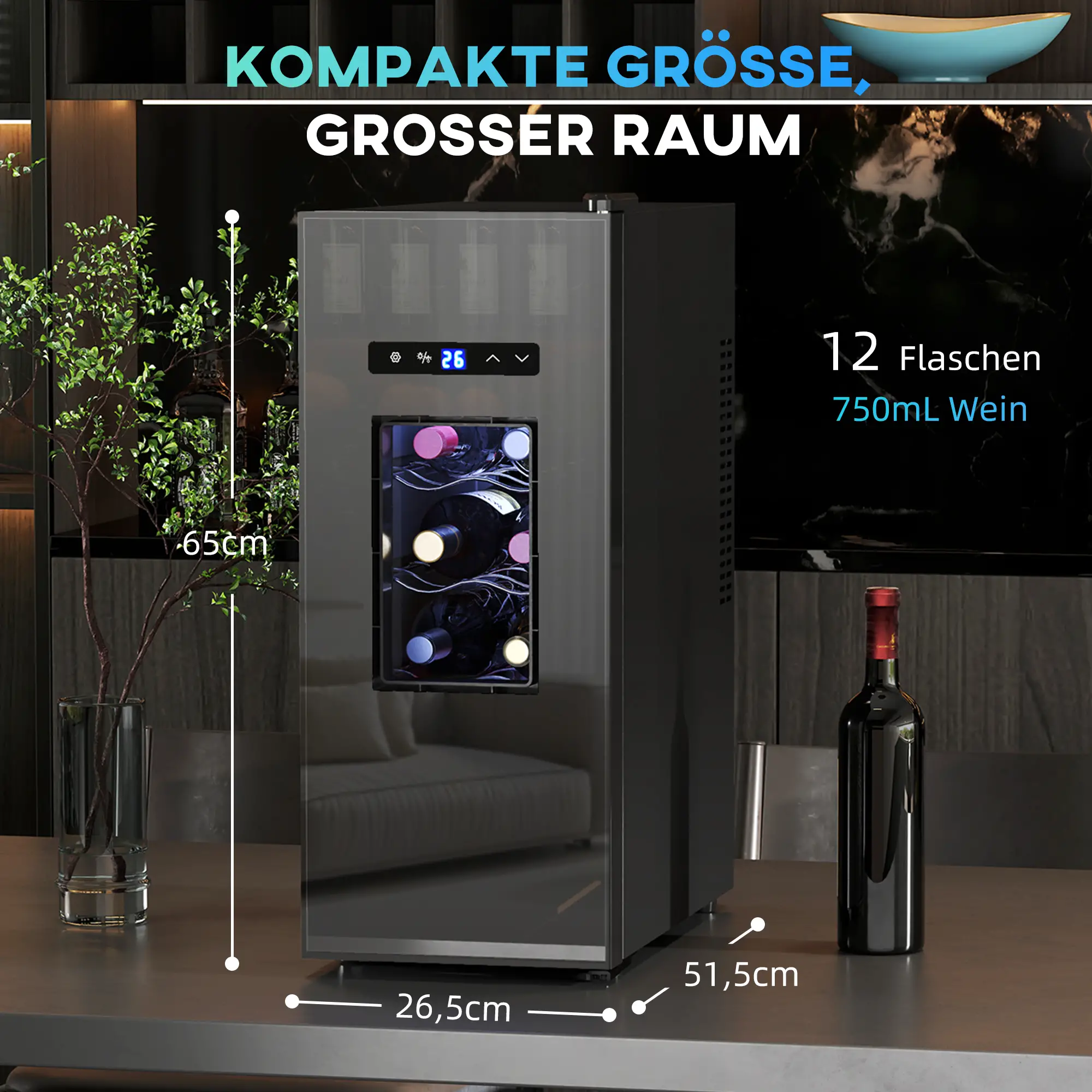 HOMCOM Wijnkoelkast 12 flessen 30 l zwart