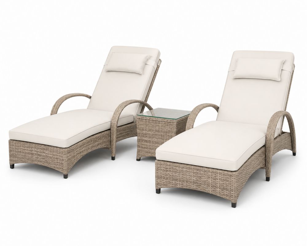 3-teiliges Outdoor-Set aus Rattan mit Glas-Beistelltisch, Cremeweiß