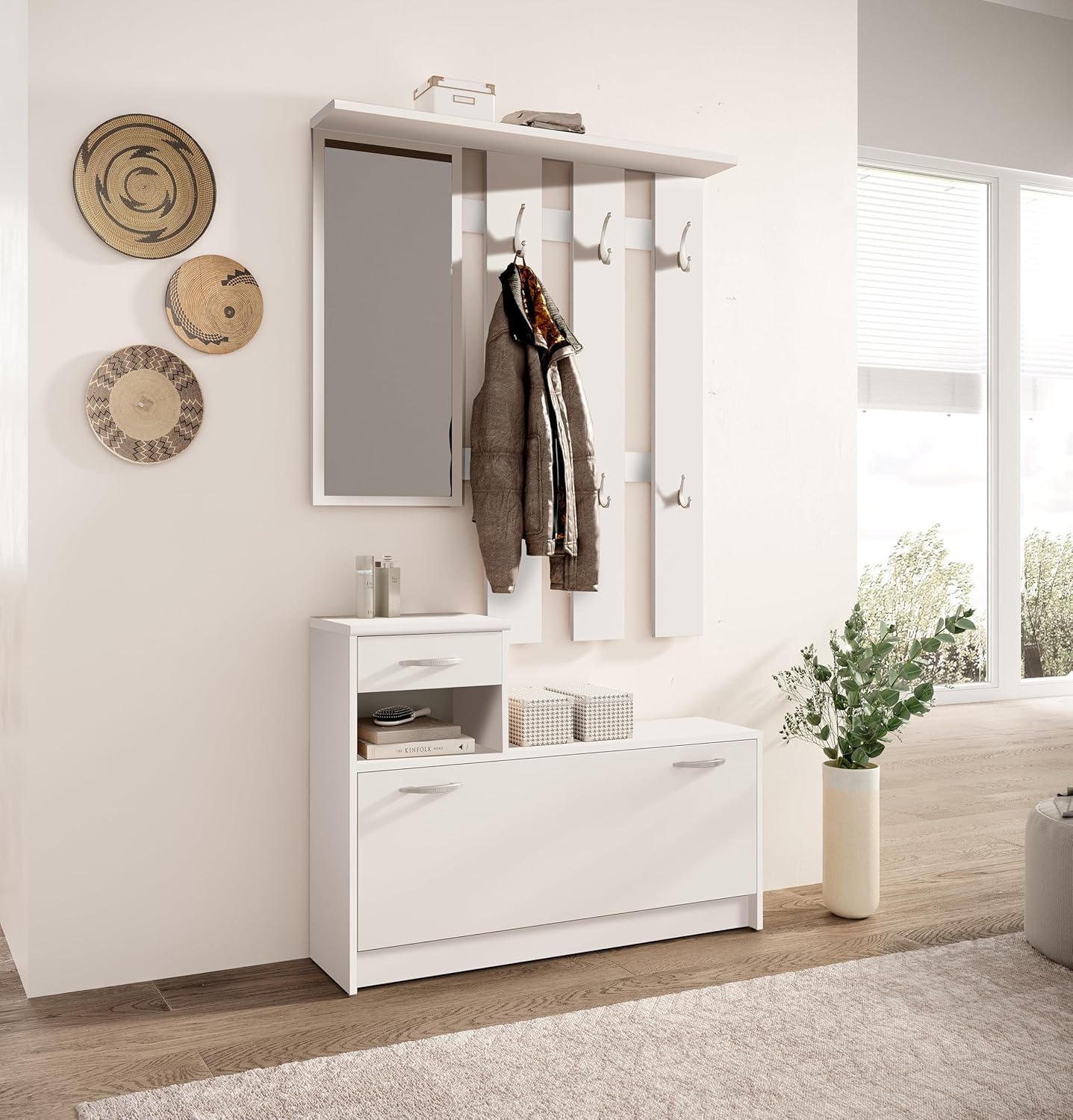 Vera Garderobe mit Spiegel weiß matt - Kompaktgarderobe, Dielenschrank, Flurschrank - 100 x 190 x 26 cm (B/H/T)