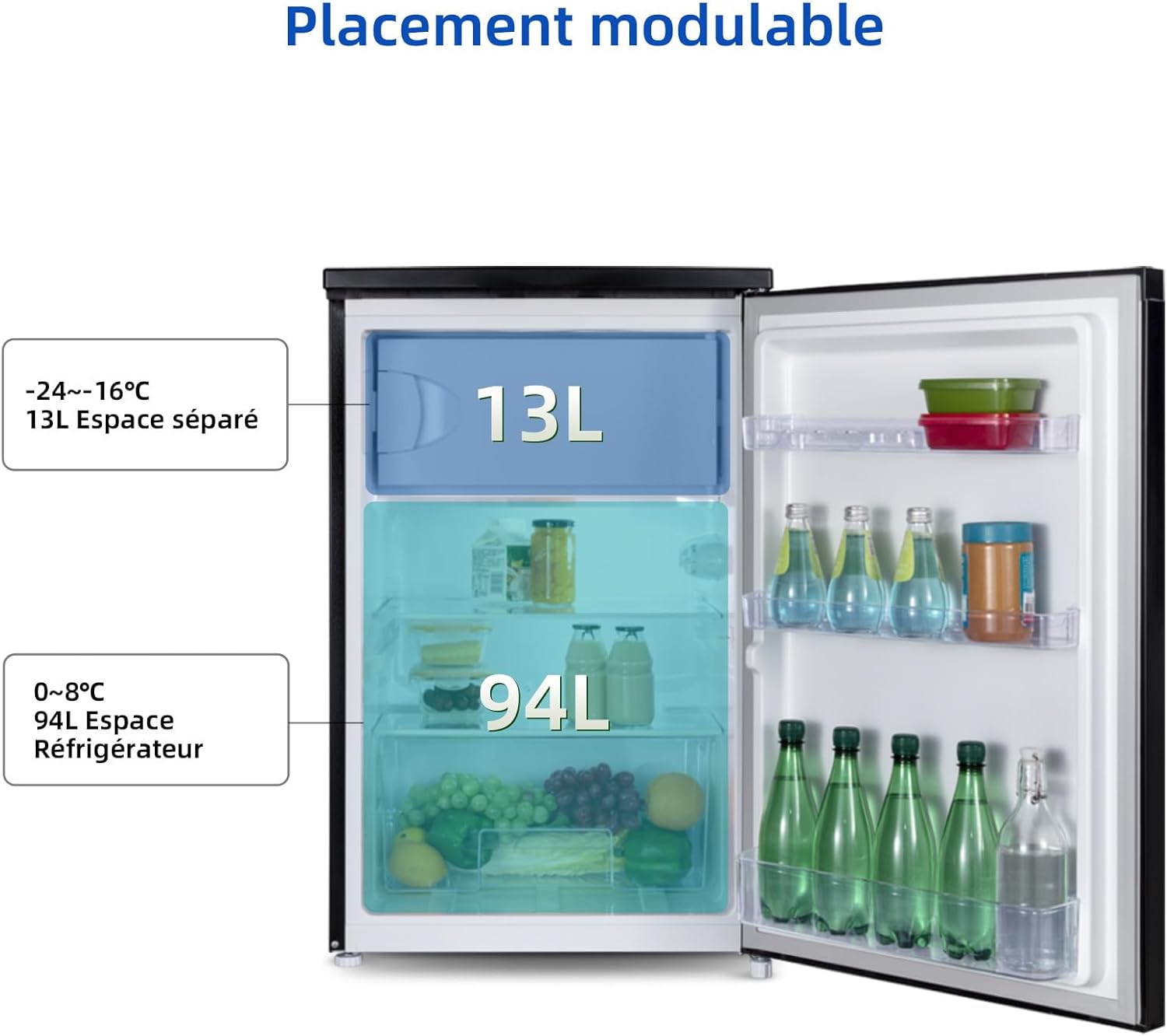 CHIQ Réfrigérateur congélateur 107 L, Classe D, Efficacité énergétique, Ultra silencieux (39 dB), Contrôle de l'humidité, Porte réversible