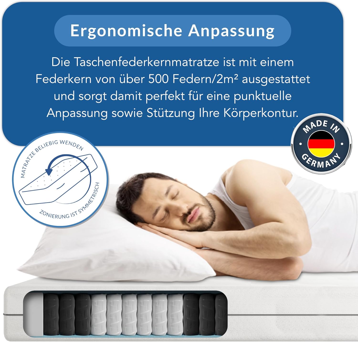 BMM Matratze 140x200 cm Ortho Medic Taschenfederkernmatratze Härtegrad H2/Öko-Tex Zertifiziert/ergonomische 7 Zonen Matratze Höhe 21 cm/Matratzen produziert in Deutschland