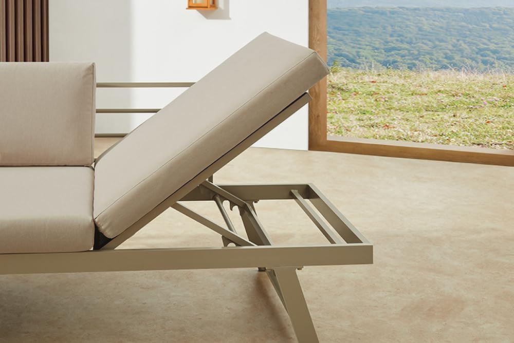 Riess Ambiente Verstellbare Gartenlounge MODULAR Miami - 230cm - Champagner Greige - WPC Aluminium - Gartensofa Gartenliege mit Ablage