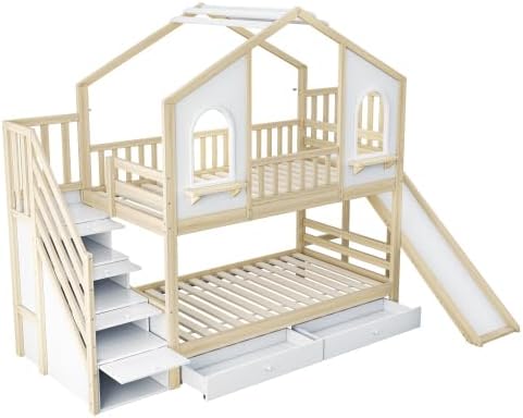 Kinderbett Etagenbett 90x200, Hochbett Hausbett mit Rutsche&Aufbewahrungsleiter&2 Schubladen&Fenstern&Dach, Stockbett Doppelbett Holzbett mit Lattenrost&Rausfallschutz, Kiefer,Ohne Matratze,Holzfarbe