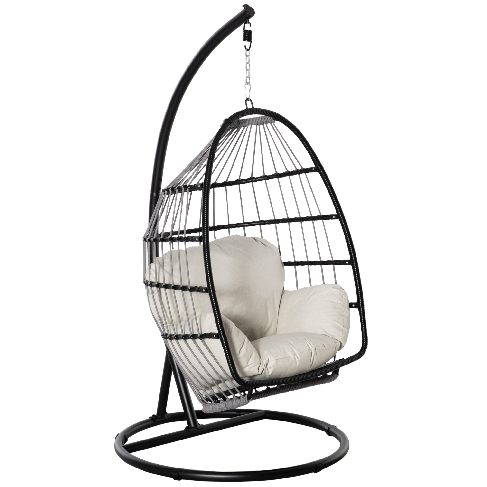 Outsunny hangstoel hangmand met frame hangende schommel hangstoel met kussenmand opvouwbaar metaal zwart + cr��me wit 101 x 101 x 188 cm