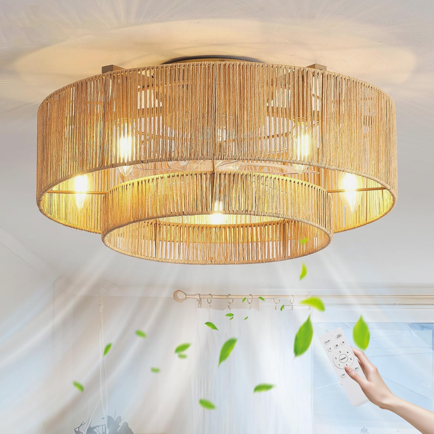 KZT Rattan Deckenventilator mit Beleuchtung und Fernbedienung E27 Deckenleuchte mit Ventilator Retro Boho Bambus Gewebt Lampe mit Ventilator Schlafzimmer Wohnzimmer Deckenventilator mit Licht Ø50CM
