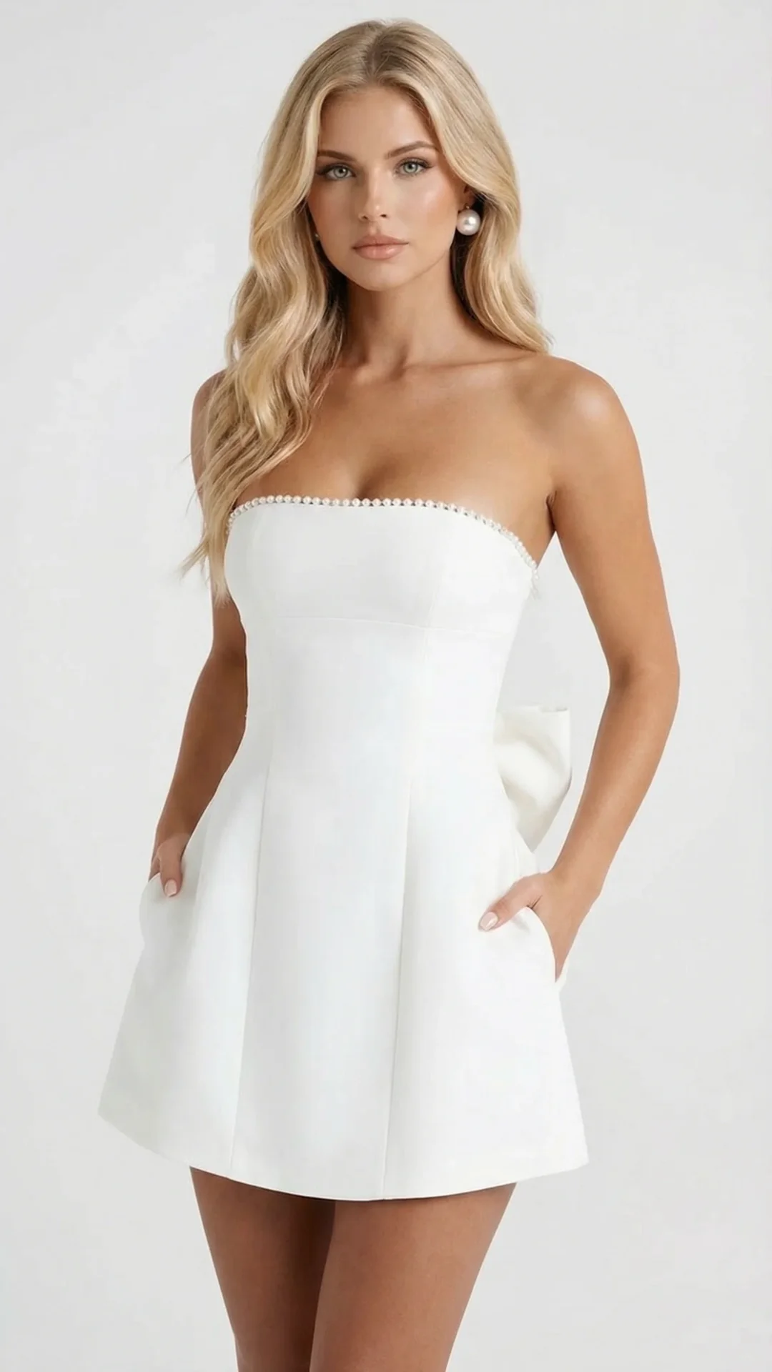 Tr?gerloses Minikleid mit Perlenbesatz und gro?er Schleife am R��cken | Stilvolles A-Linien Kleid mit seitlichen Taschen