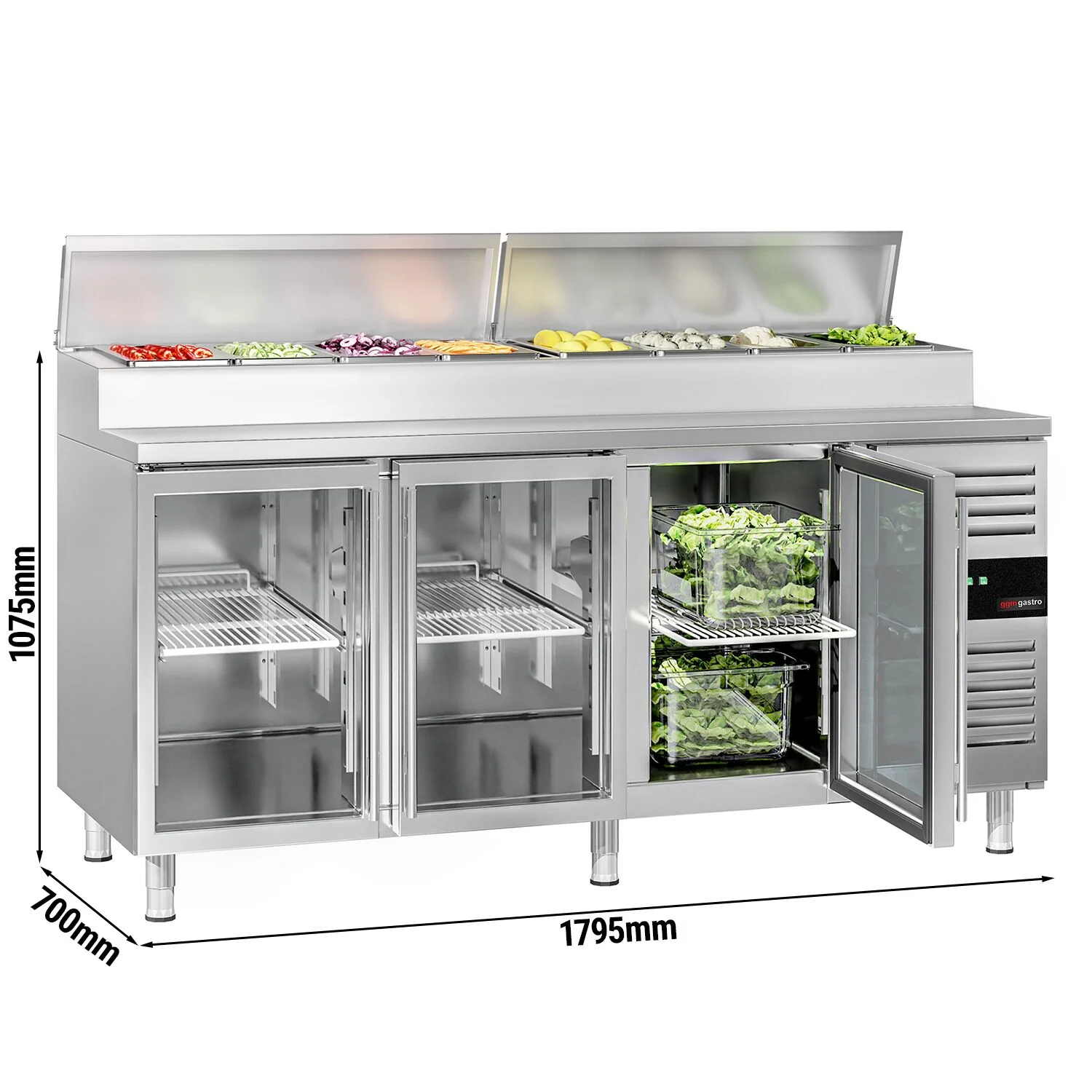 Saladette PREMIUM - 1795x700 mm - 3 glassdører - med lokk - for 8x GN 1/3 beholdere