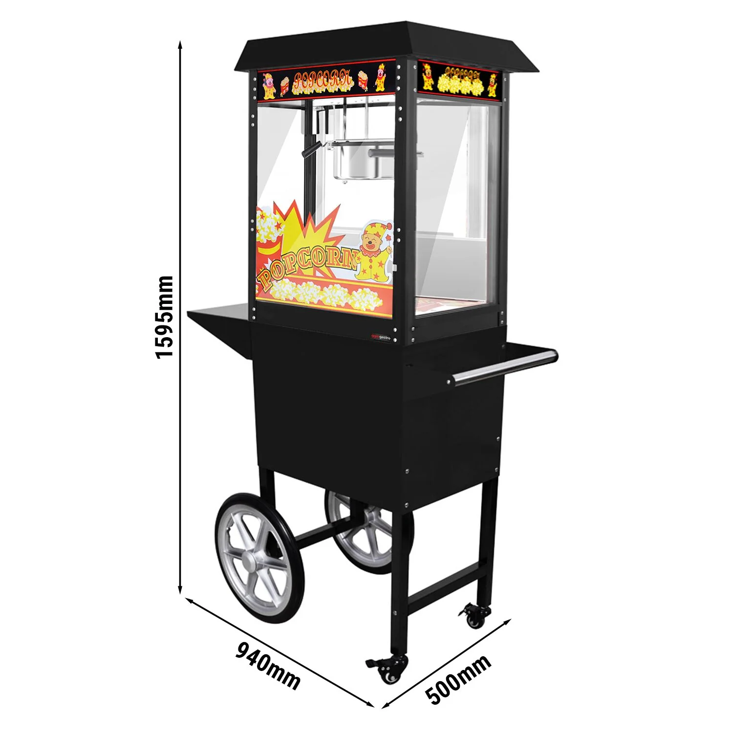Popcornmaskin med vogn - 1,46 kW - 5 kg/time - med 1 kjele - svart