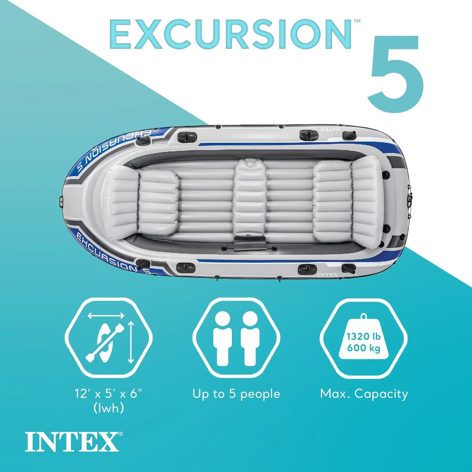 INTEX Excursion Inflatable Boat Series: Includes Deluxe 54in Boat Oars and High-Output Pump ?C SuperTough PVC ?C Adjustable Seats with Backrest ?C Fishing Rod Holders ?C Welded Oar Locks