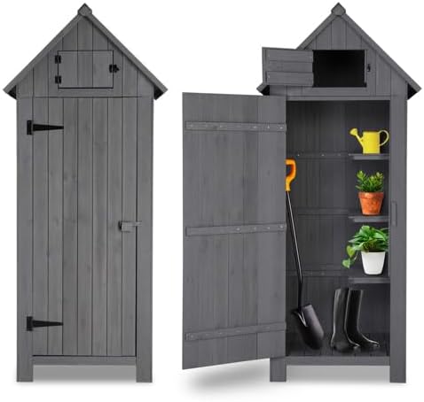 LEADZM Gartenschrank Holz für Außenbereich, gartenhaus Holz, Grau, 3 Regalböden, geräteschuppen für Garten, Terrasse, 77 X 54 X 180 cm