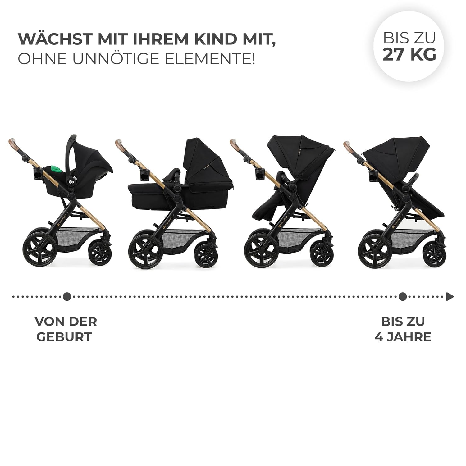 Kinderkraft MOOV2 AIR Kinderwagen 3 in 1 Kinderwagenset bis 26 kg mit Kindersitz I-SIZE 40-75 cm, Buggy Funktion, Liegeposition verstellbar, Große ausziehbare Verdeck, Aufblasbare Räder, Schwarz
