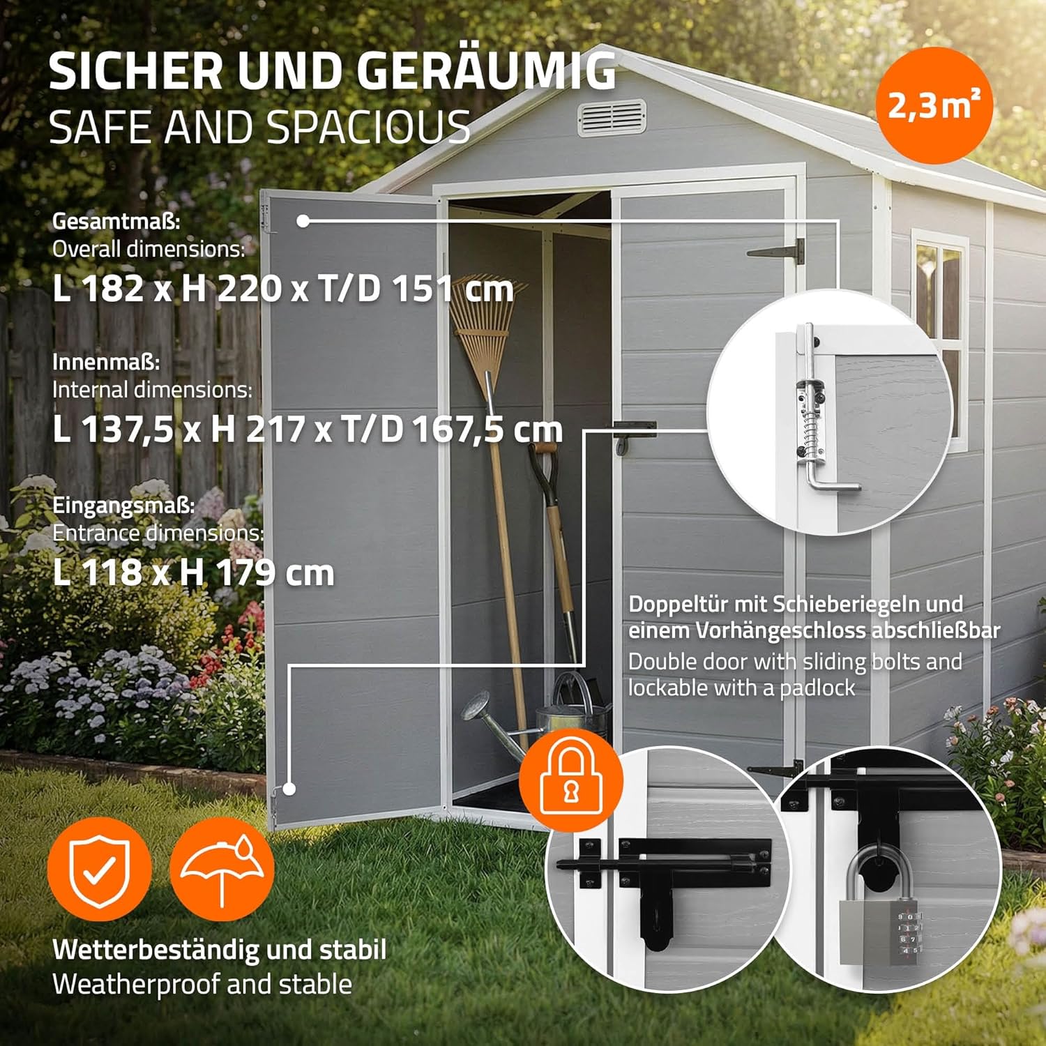 ECD Germany Gartenhaus Kunststoff mit Boden, Gerätehaus wetterfest, 5m³, 151x182x220 cm, Hellgrau, Geräteschuppen mit Satteldach, Fenster, Doppeltür & Belüftung, Gartenschuppen, Outdoor Aufbewahrung