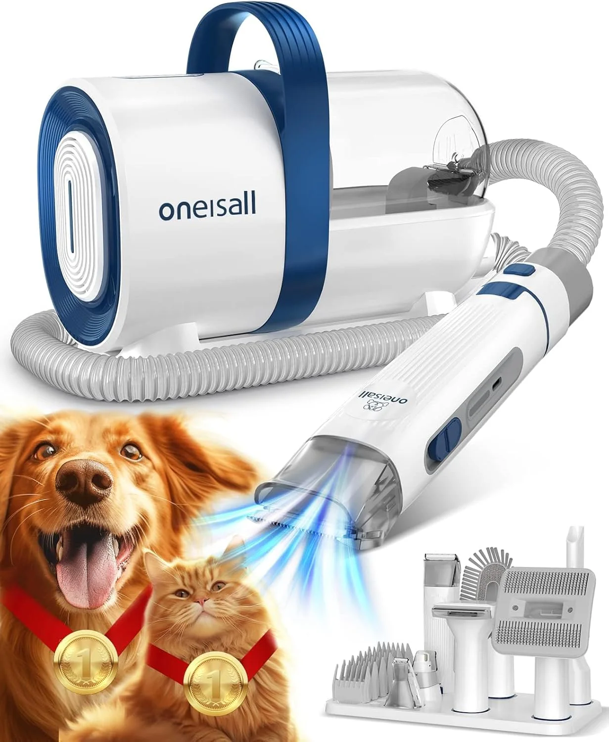 oneisall Hondentondeuse met stofzuiger, superzuigkracht met 12000 Pa zuigt 99,99% van de dierenharen op, stille tondeuse hond kat hondenhaartrimmer met 7 verzorgingsgereedschappen
