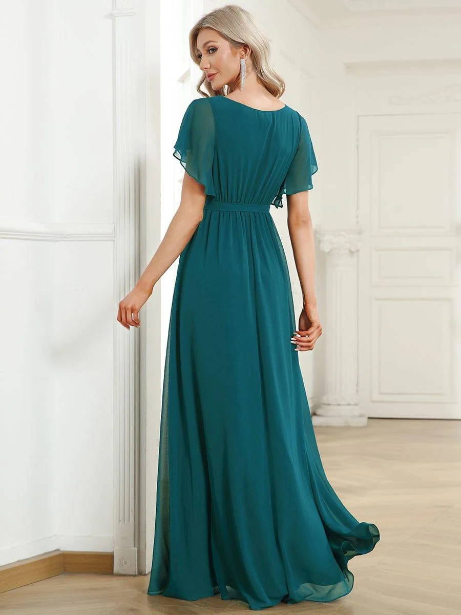 Abendkleid Damen Maxi A-Linie aus Chiffon | Festliches Kleid f��r Hochzeitsg?ste mit V-Ausschnitt und Fl��gel?rmeln