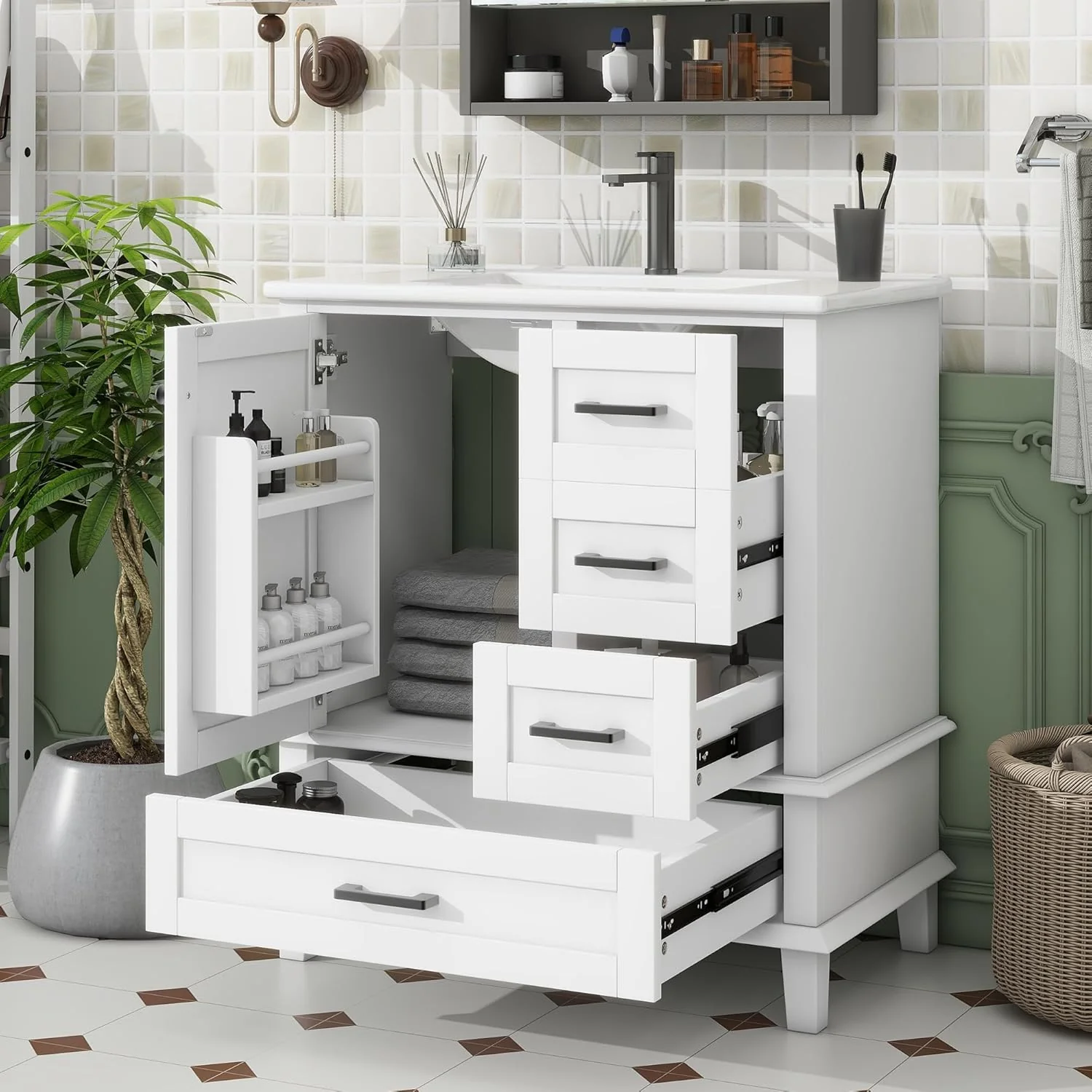 Moimhear Mueble de baño de pie, lavabo, lacado completo, tres cajones silenciosos, lavabo de cerámica integrado (blanco, 76 x 46 x 83,5 cm)