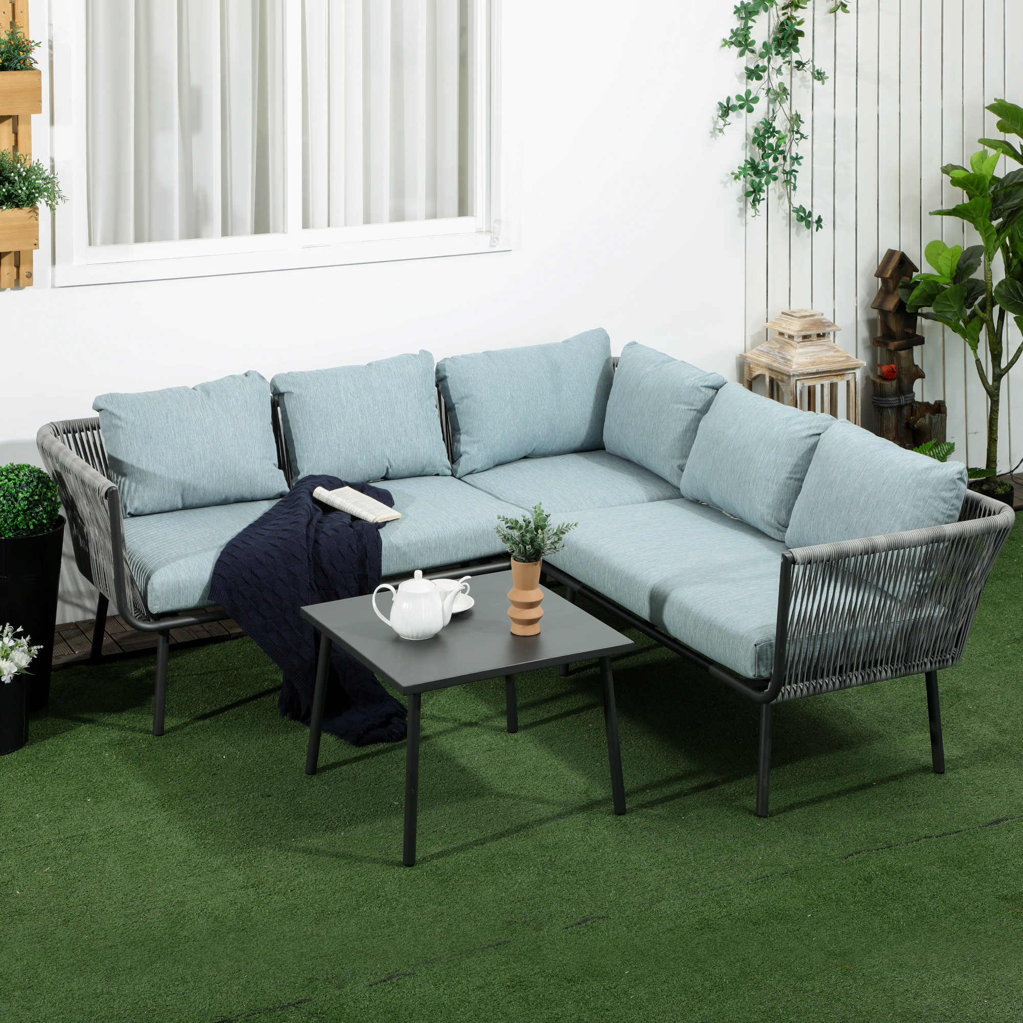 4-delige rotan tuinmeubelset, zitset met kussens voor aluminium balkons