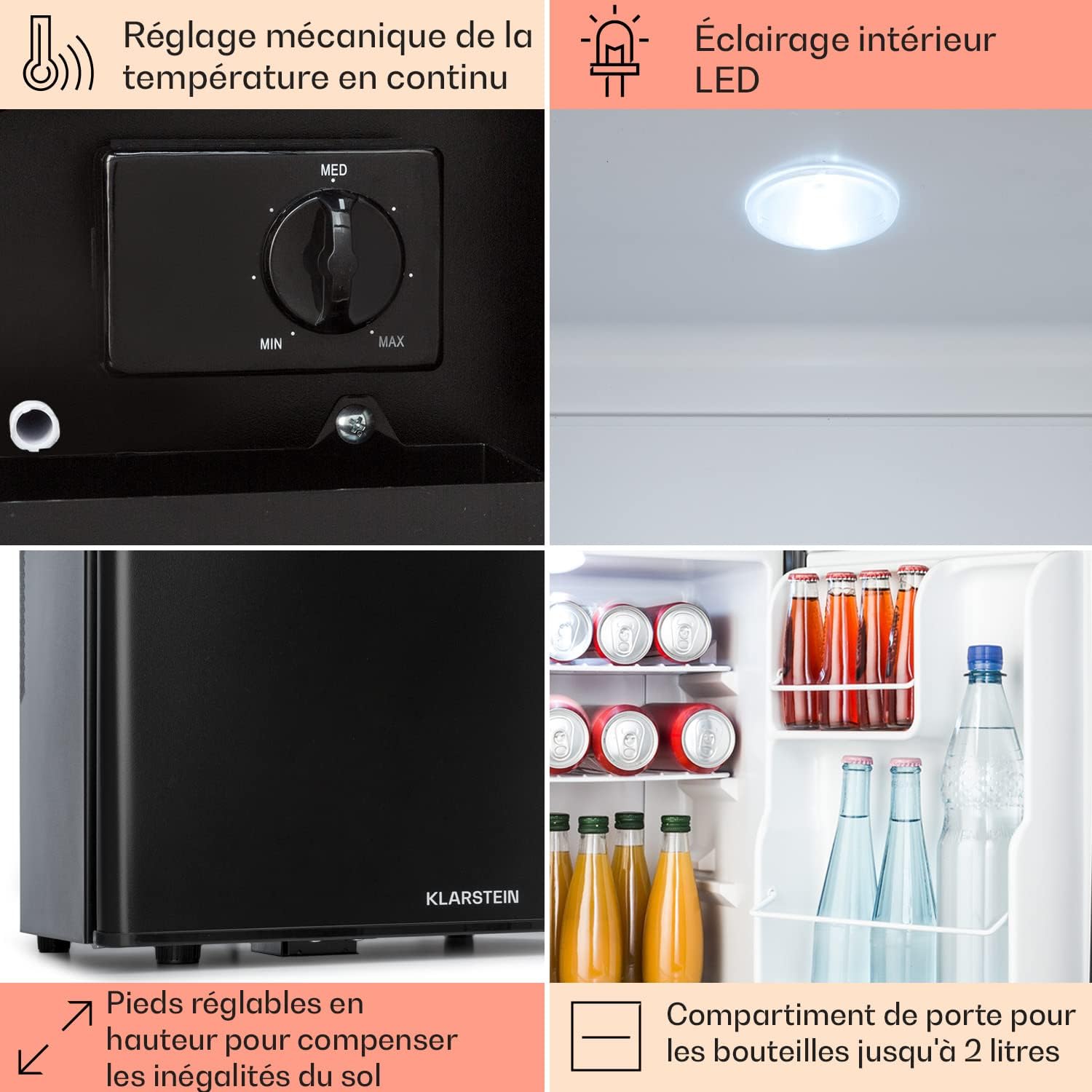 KLARSTEIN Mini Réfrigérateur pour Boissons, Snacks & Cosmétiques, Petit Minibar, Réfrigérateur Petit & Silencieux, Clayettes Réglables, Skincar 6-18°C, 38L