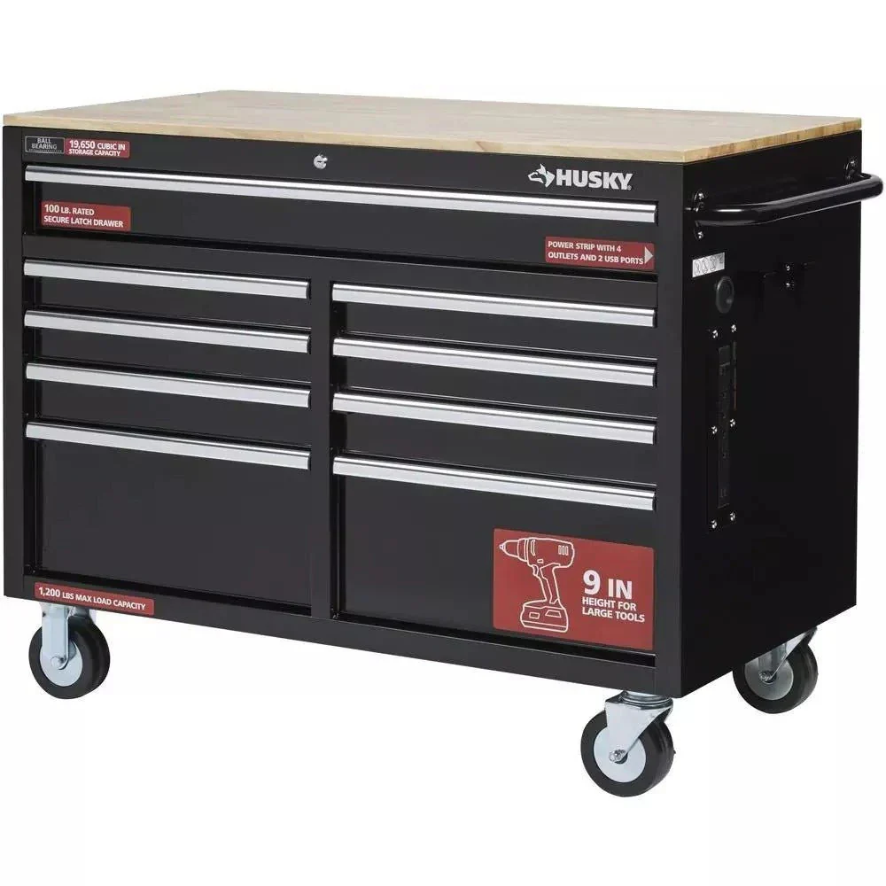 46 Zoll B x 24 Zoll T, tiefer Werkzeugkasten mit 9 Schubladen, gl?nzend schwarz, mobile Werkbank