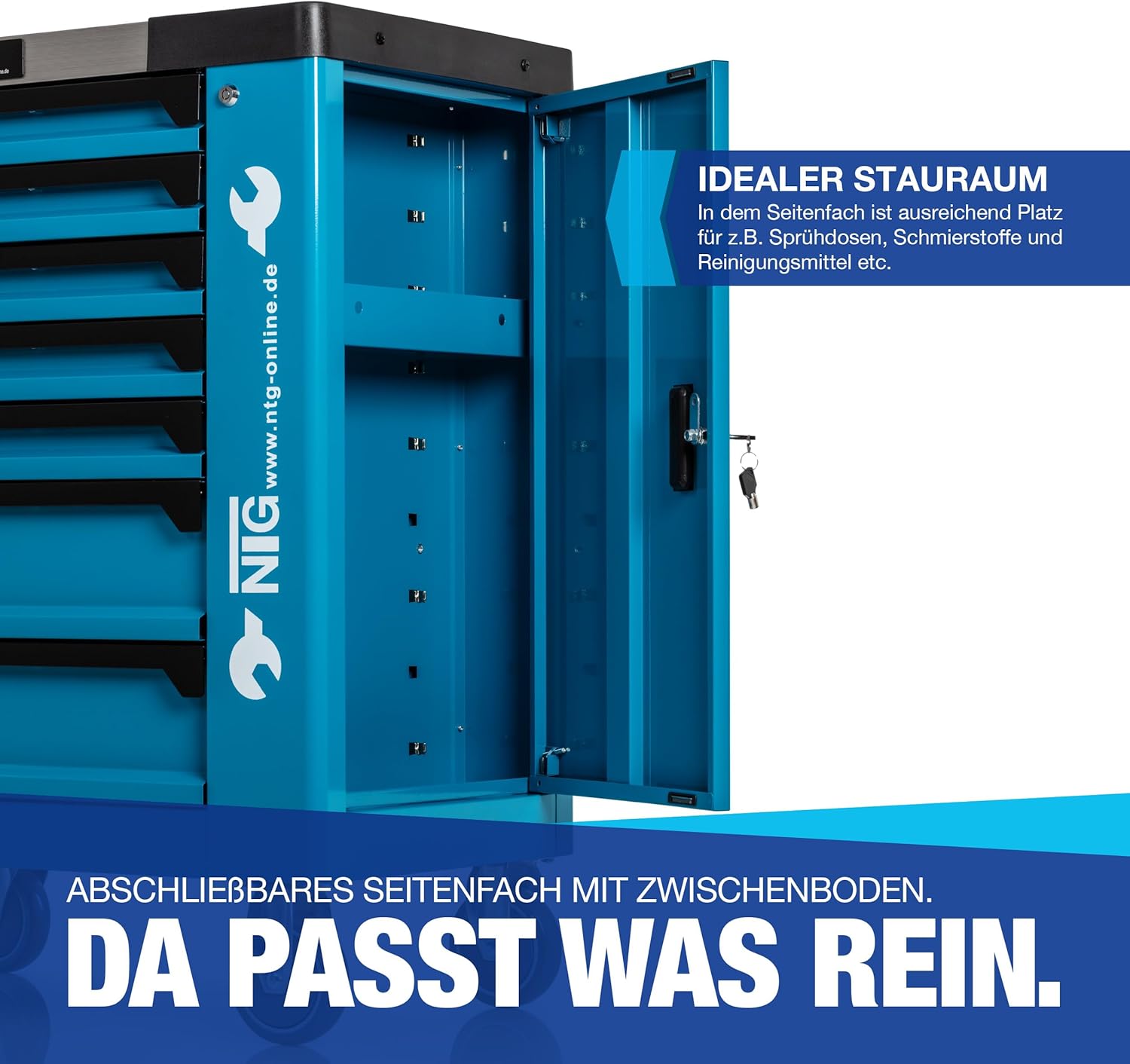 NTG WERKZEUGWAGEN GEFÜLLT MIT Werkzeug – Abschließbarer Werkstattwagen mit 7 Schubladen – 252-teilig, Davon 6 bestückt – Soft Inlays in Carbonoptik – Robuster Werkzeugkasten & Werkzeugkiste – Blau