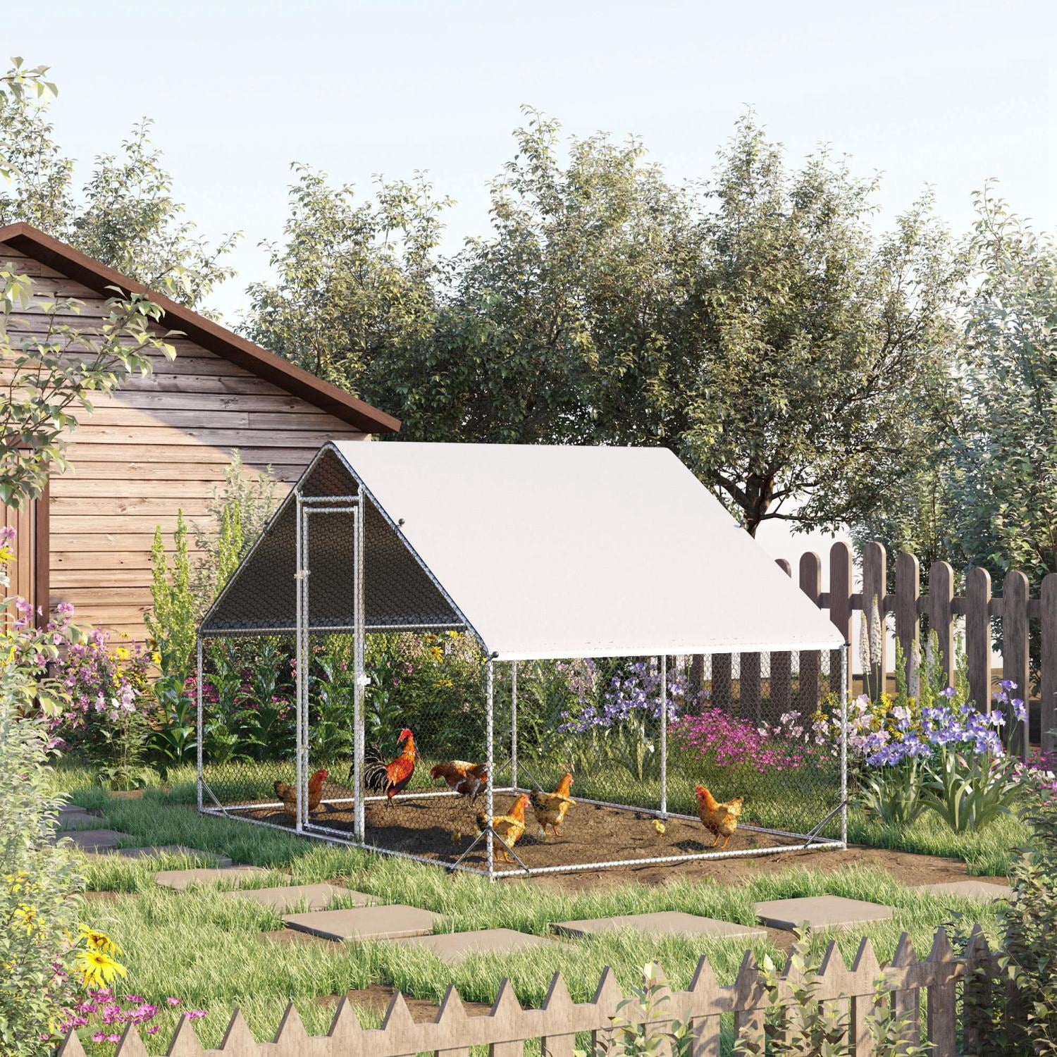 2025 GFVCNIO Metaal Kraal met Dakbedekking - Buiten Kippenhok met Toegang voor Konijnen, Eenden en Kippen - Groot voor de Tuin 10' x 6,5' x 6,5' Zilver
