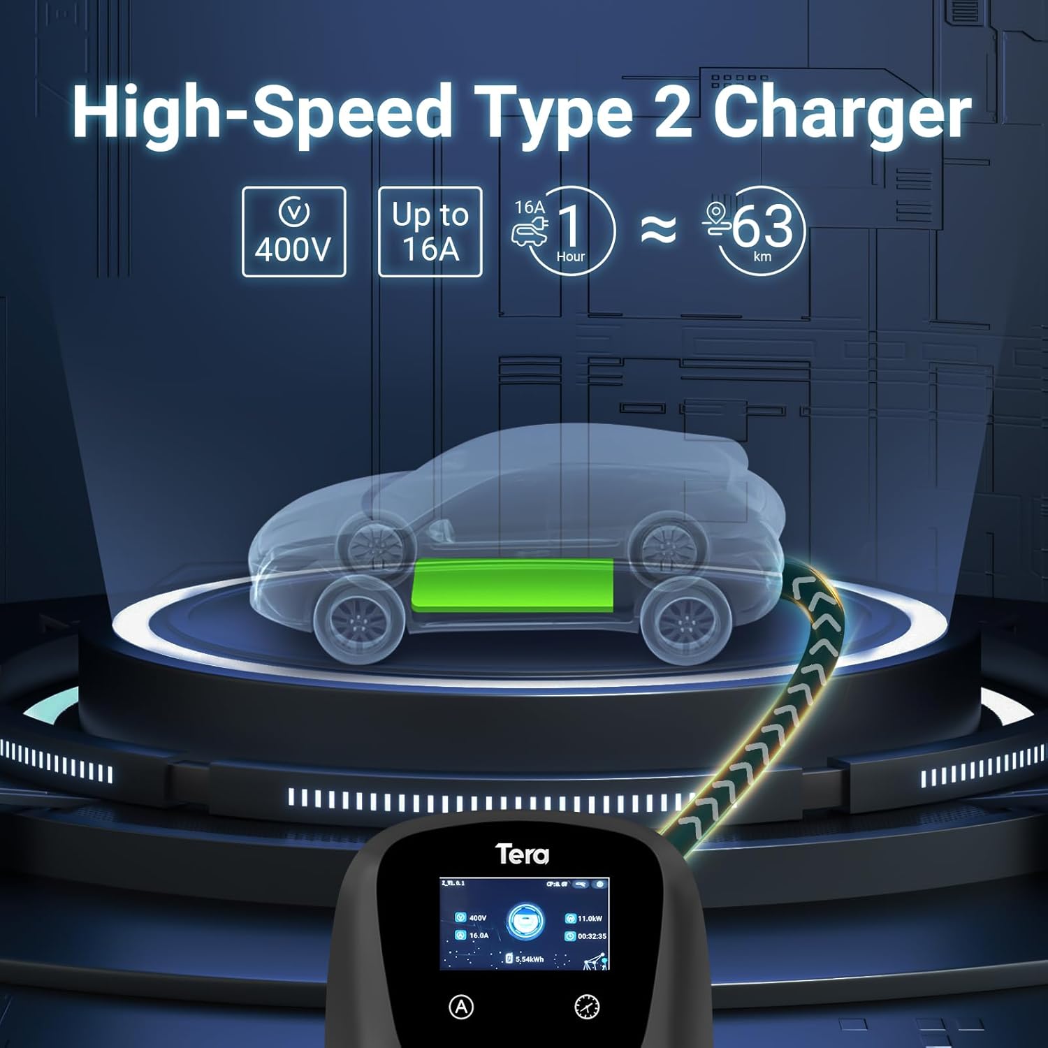 Tera Smart EV Ladegerät Typ 2 Wallbox mit APP 11kW 16A 400V CE&TÜV mit Wlan & Bluetooth 7m Ladekabel mit Ladegerätehalter Heim Wallbox CEE 3-Phasen Stecker für EVs & PHEV W01 Schwarz