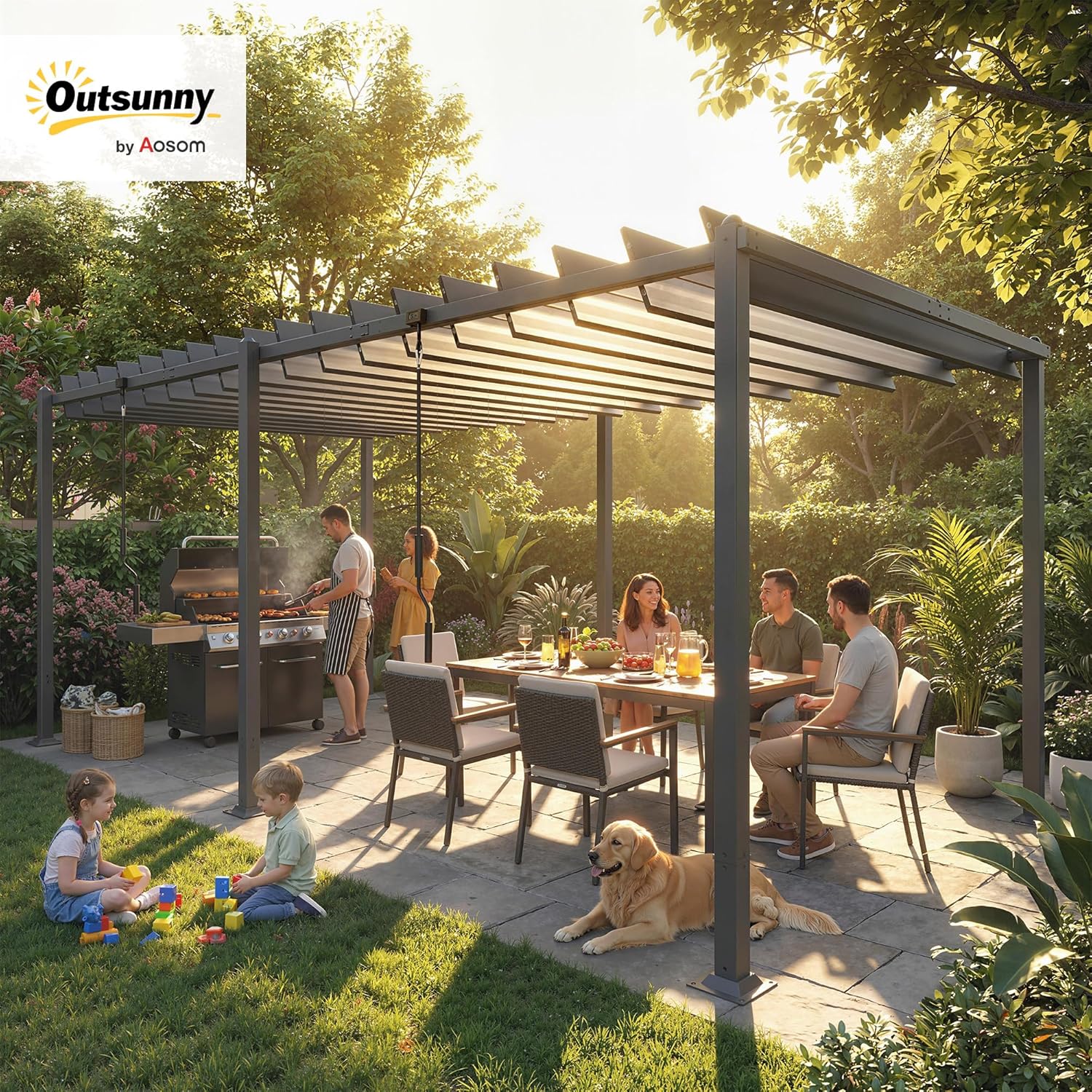 Outsunny Pérgola de Jardín 3x5,7 m, Cenador de Jardín con Techo de Lamas Ajustable a 90°, Manivela, Estructura de Aluminio, Protección UPF50+, Pabellón para Exterior, Patio, Terraza, Gris Oscuro