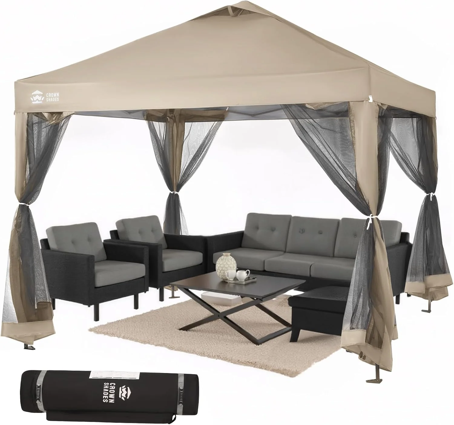 CROWN SHADES 13x13 Pop Up Gazebo, Canopy Tent, Gazebos on Clearance - Outdoor Gazebo for Backyard & Patio Furniture - Carpa Pop Up Tent with Wheeled STO-N-Go Cover Bag (Beige & Coffee)