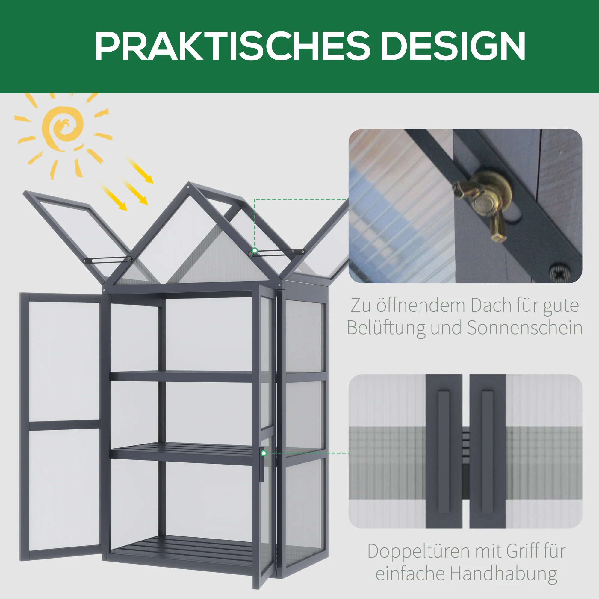 Outsunny kas met 3 planken, massief hout, behuizing van polycarbonaat, grijs, 70,5 x 42 x 132 cm