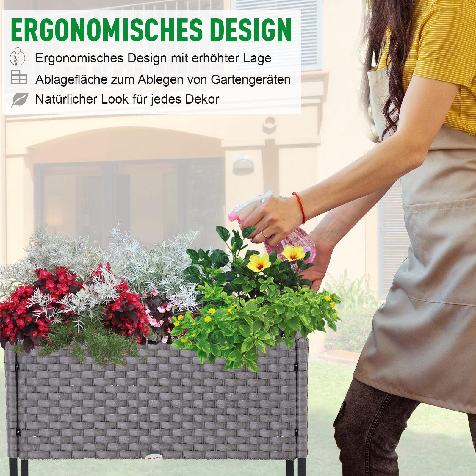 Outsunny? verhoogd bed, bloembak, bloempot met plank, irrigatie, rotan bruin 70 x 30 x 72 cm | Aosom.de