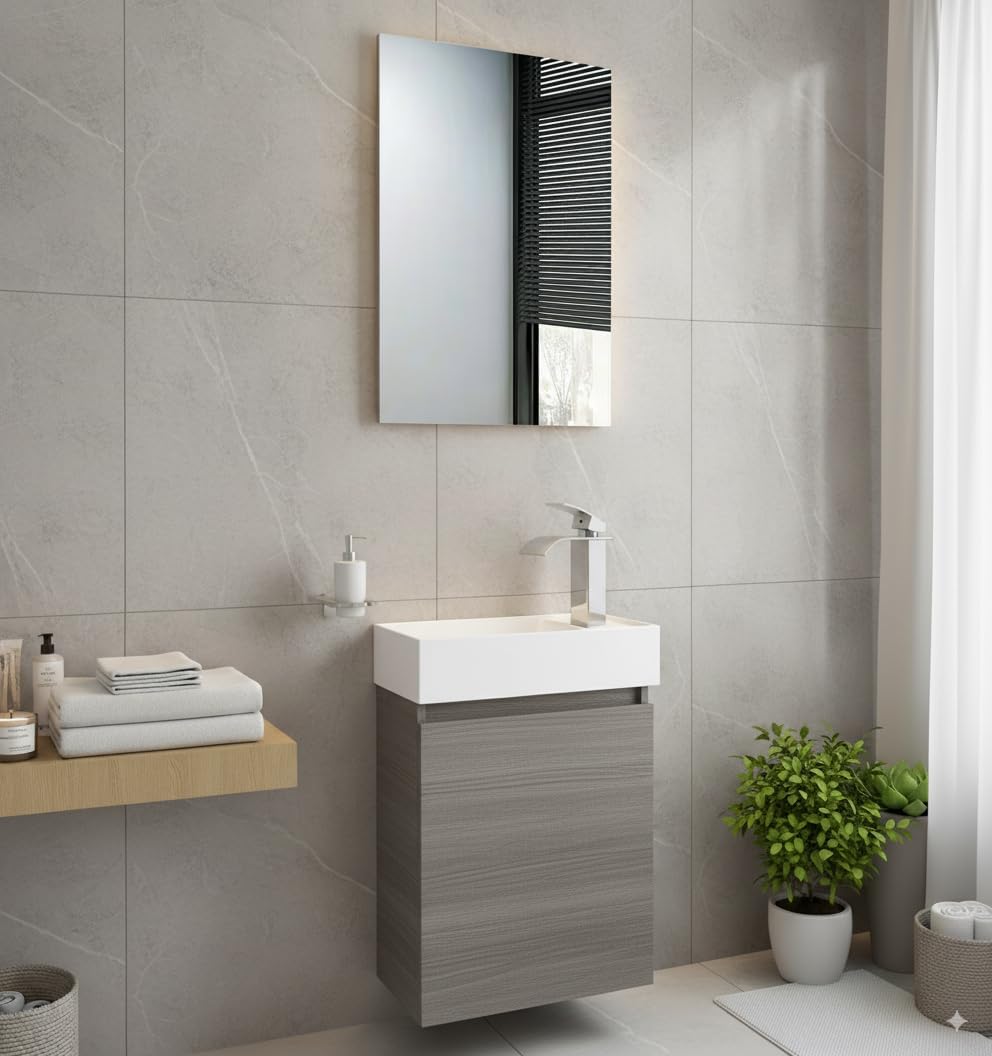 Faizee Home Badmöbel Set Grau – Waschbeckenunterschrank mit Keramik Waschbecken & Armatur – Kompakter Badezimmerschrank Badschrank ohne Spiegel für Gäste WC & kleine Bäder