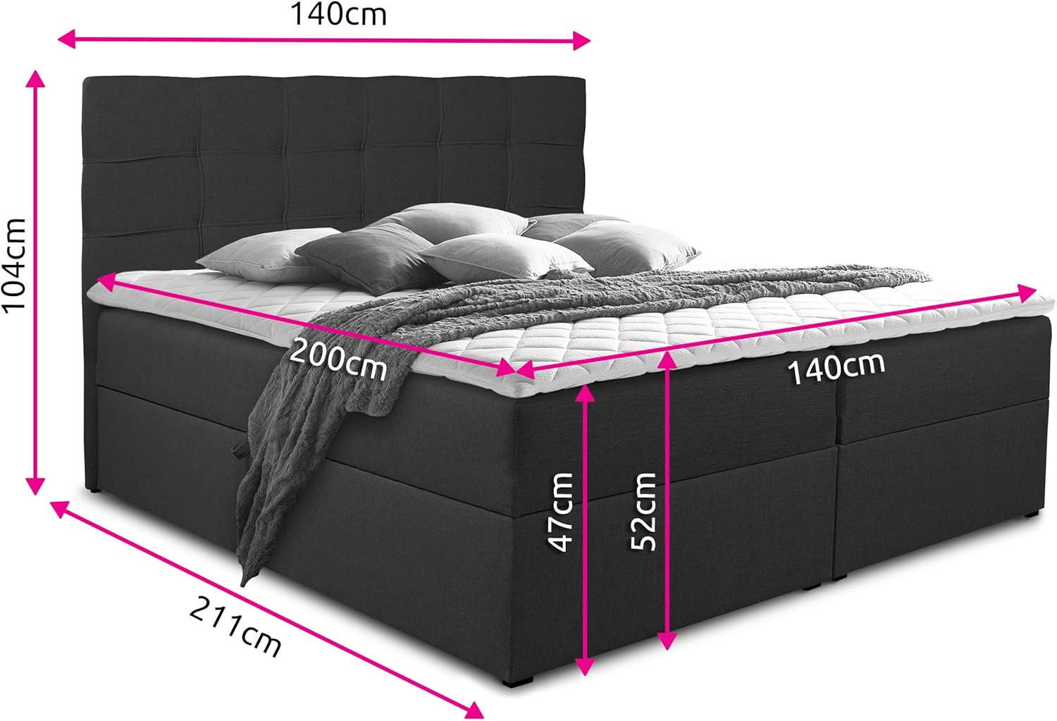 Sofnet Boxspringbett Best mit 2 Bettkästen, Doppelbett mit Bonell-Matratze und Topper, Polsterbett, Bett, Bettgestell, Stilvoll, Schlafzimmer (Grau (Inari 91), 140 x 200 cm)
