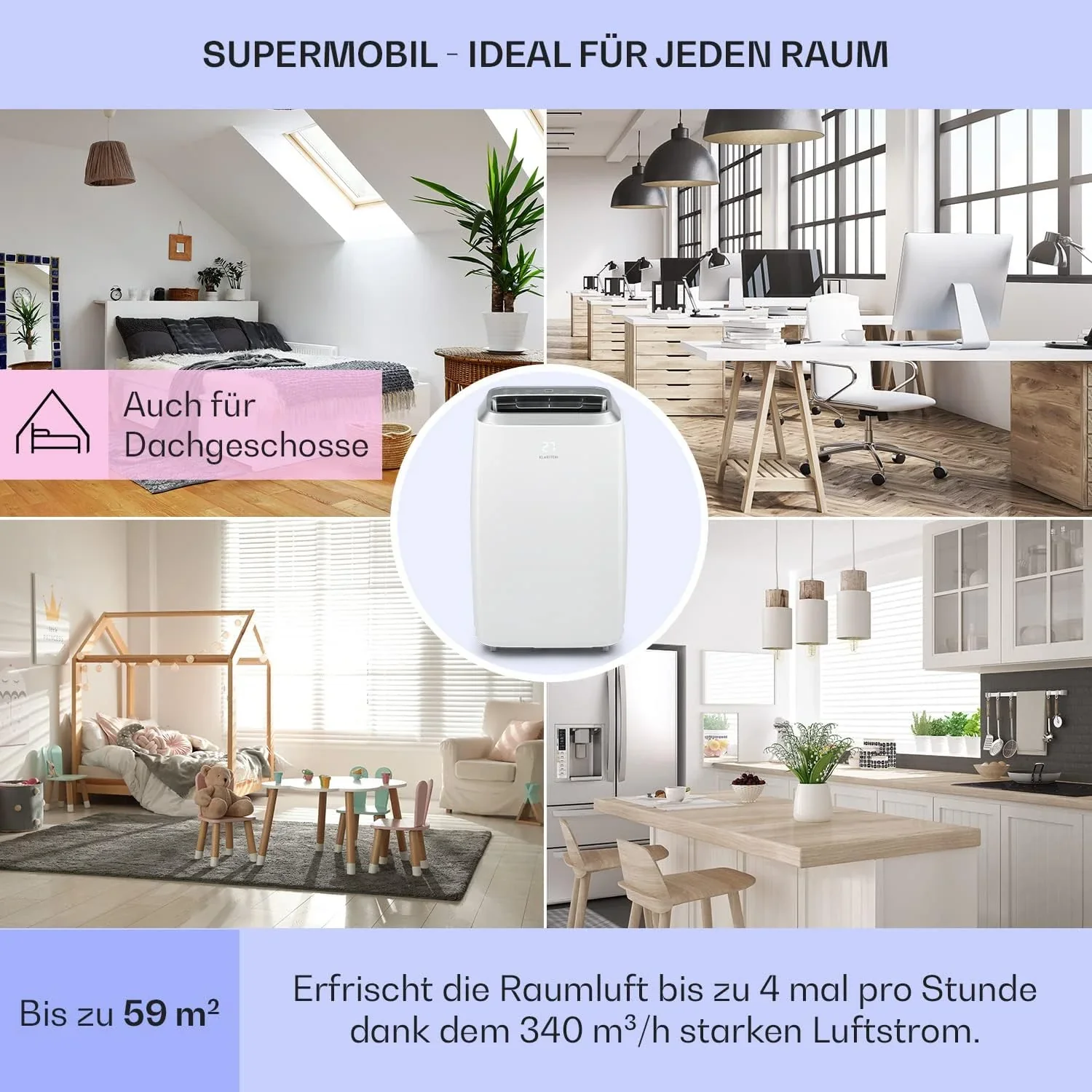 Klarstein Mobile Klimaanlage mit Abluftschlauch, 3-in-1 Klimager?t mit Ventilator, Luftentfeuchter & Nachtmodus, Kleine & Portable Klimaanlage f��r Wohnung & B��ro, 12000 BTU Niedrig Verbrauch