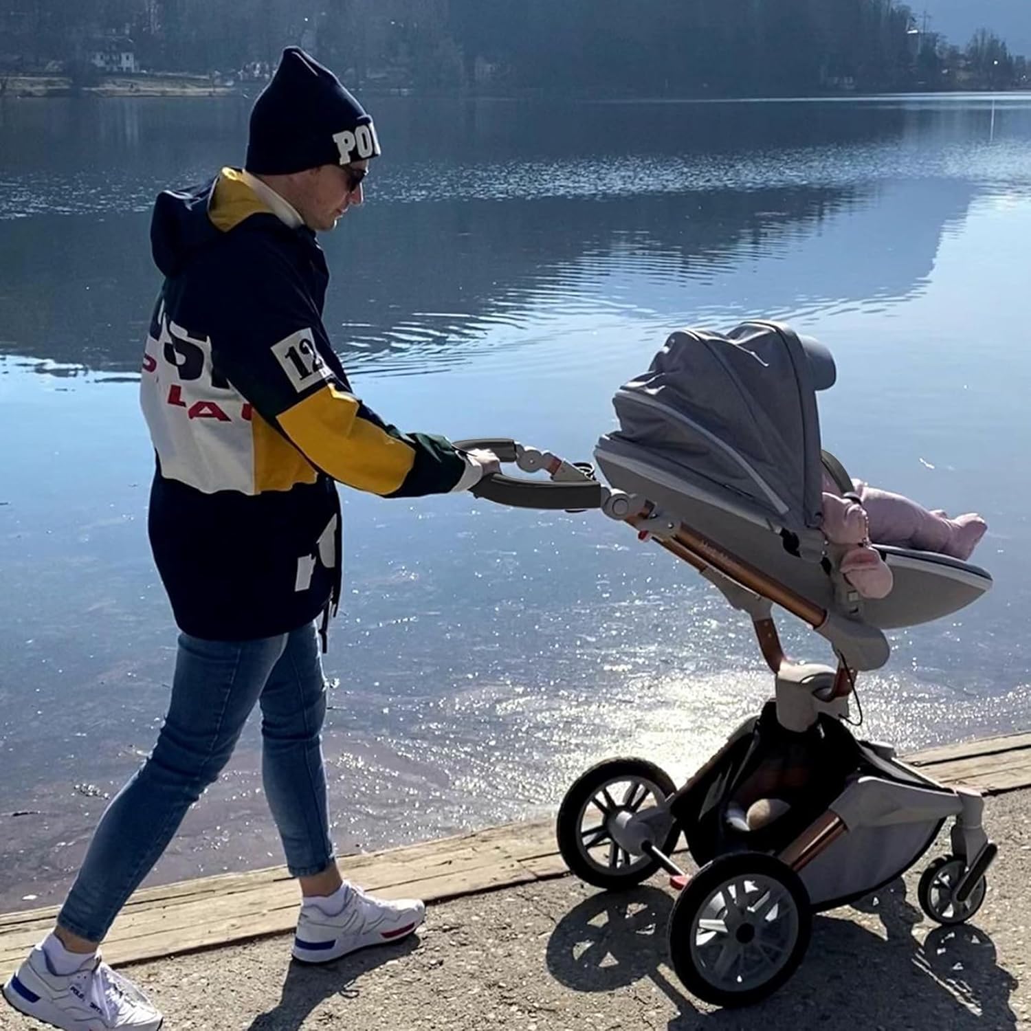 Hot Mom Kinderwagen set mit 360° Drehfunktion, Kombikinderwagen 3-in-1. Ausgestattet mit PU-Reifen und Kunstledersitz und viele weitere Zubehören, Dunkelgrau